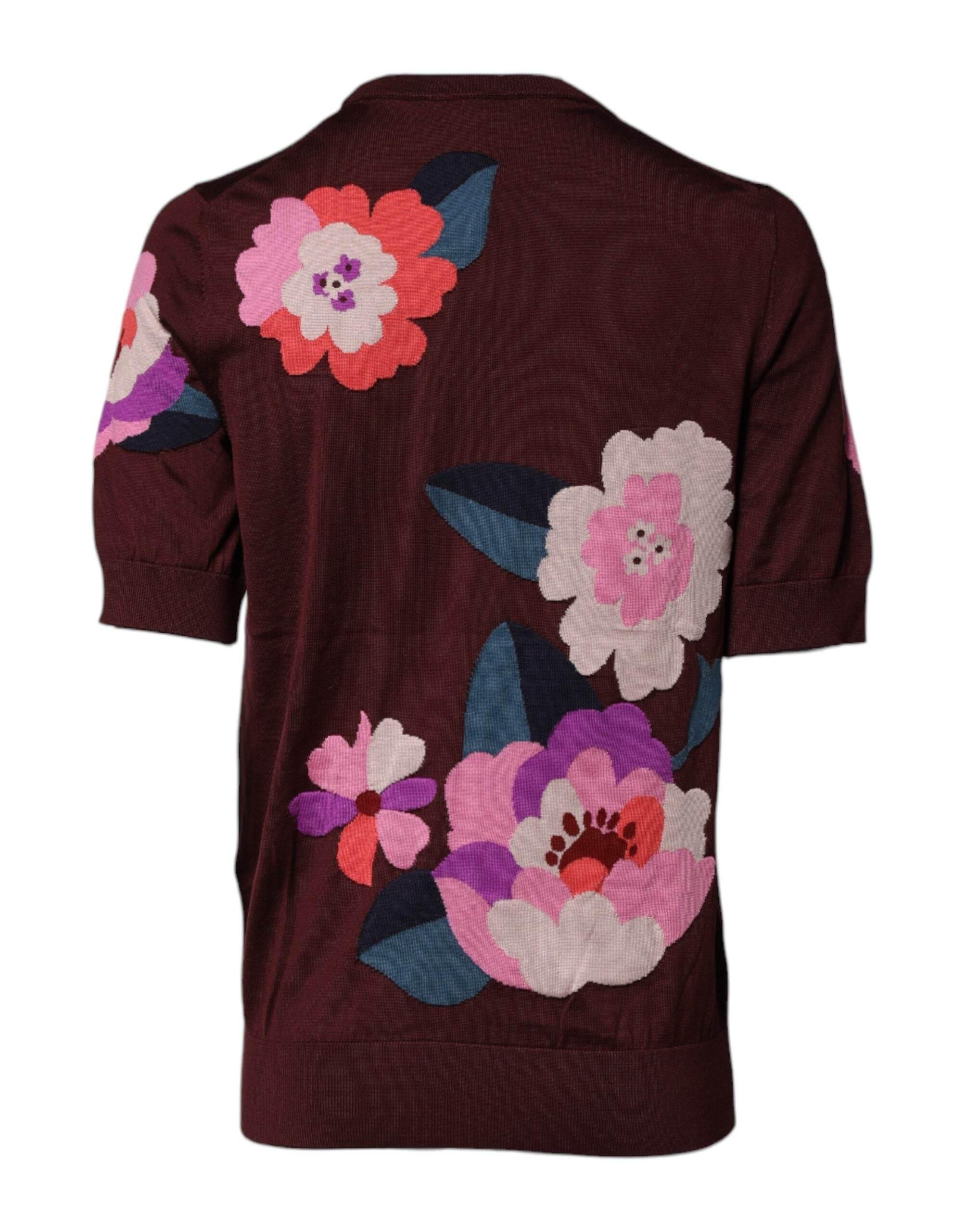 Dolce & Gabbana Maroon Floral Silk Crew Neck Blouse Top - Hilstor