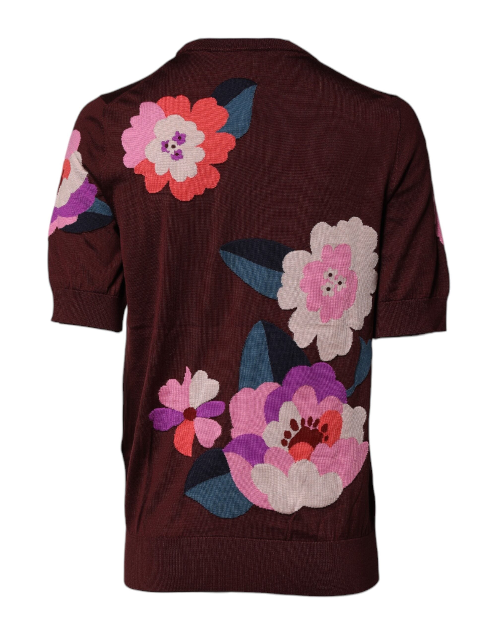 Dolce &amp; Gabbana rødbrun blomster silke bluse top med rund hals