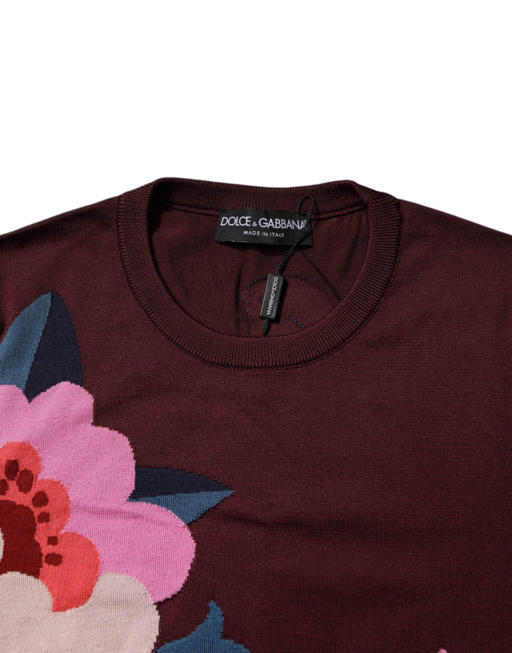 Dolce & Gabbana Maroon Floral Silk Crew Neck Blouse Top - Hilstor