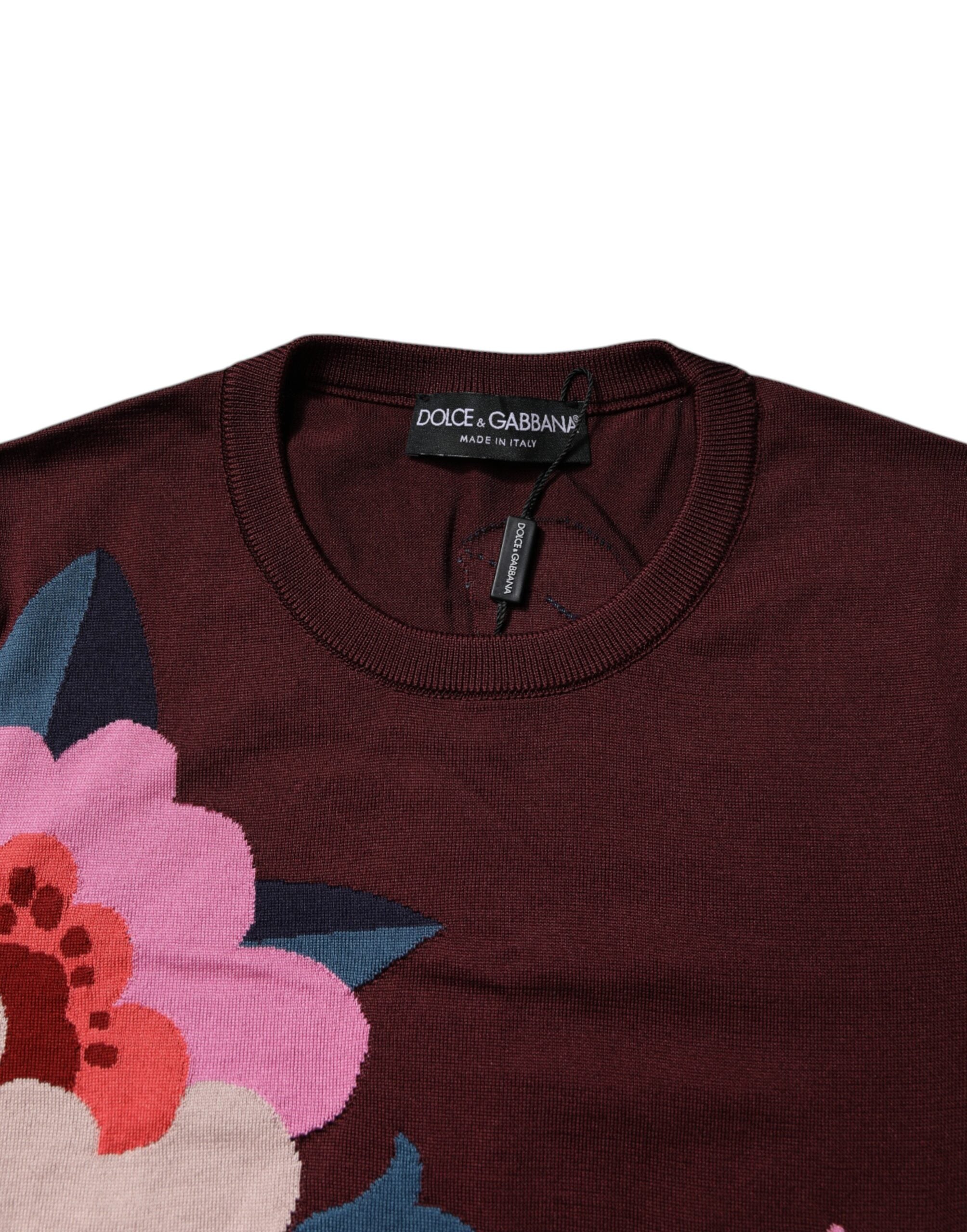 Dolce &amp; Gabbana rødbrun blomster silke bluse top med rund hals