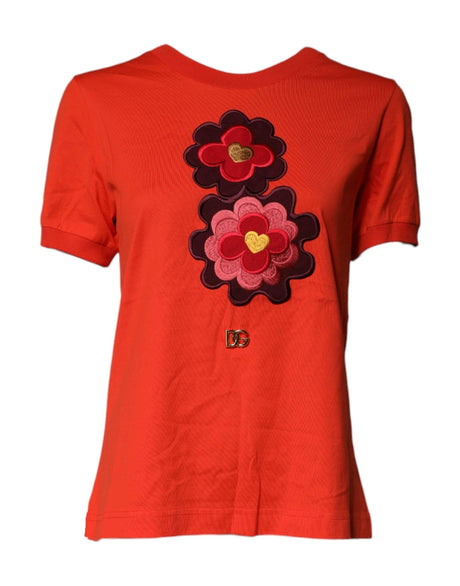 Dolce & Gabbana Red Floral Embroidery Cotton Crew Neck T-shirt - Hilstor