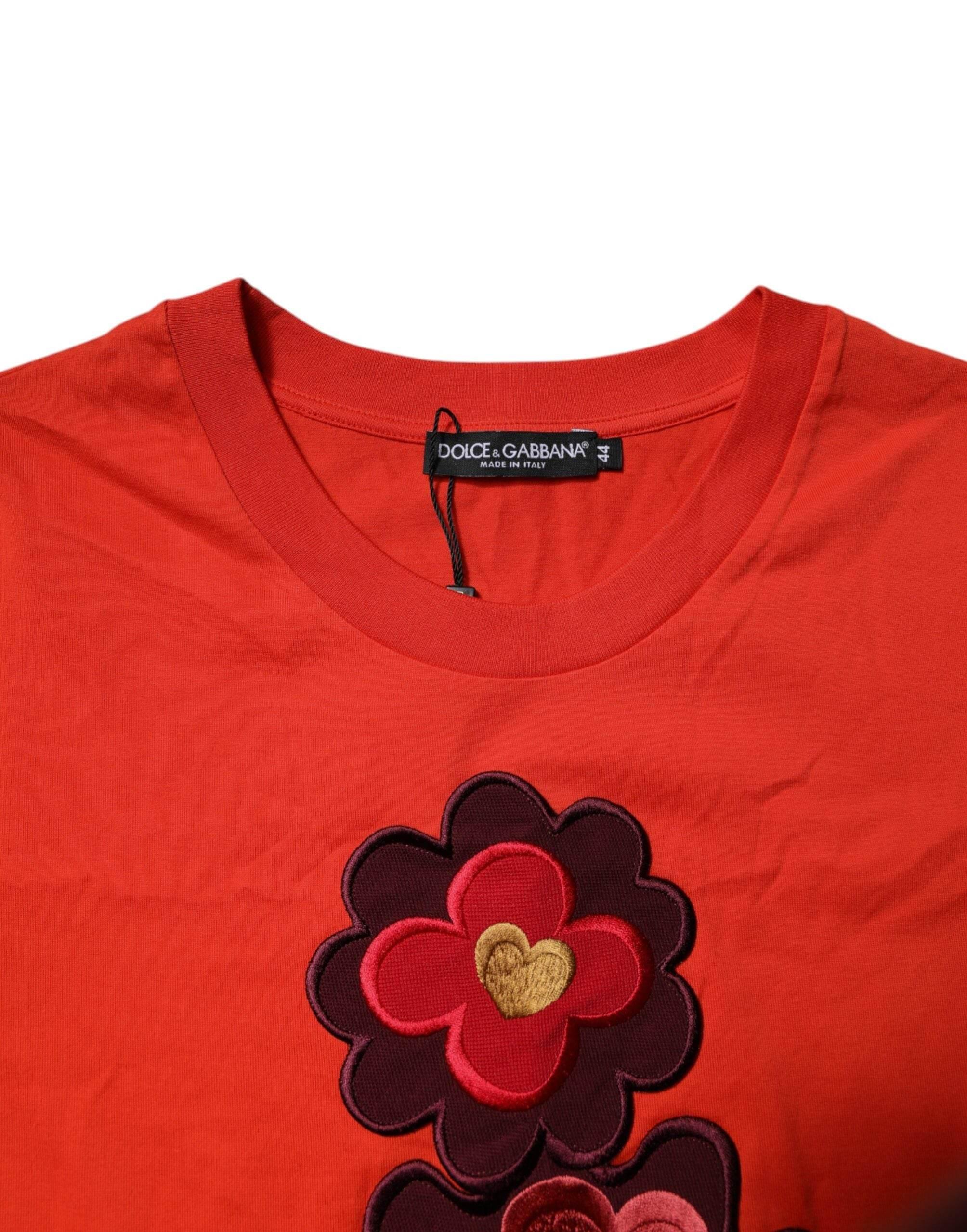 Dolce & Gabbana Red Floral Embroidery Cotton Crew Neck T-shirt - Hilstor