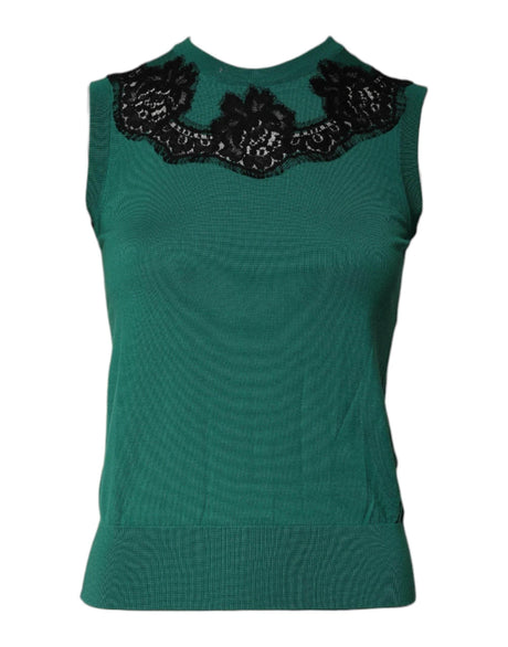 Dolce & Gabbana Green Wool Lace Detail Sleeveless Tank Top - Hilstor