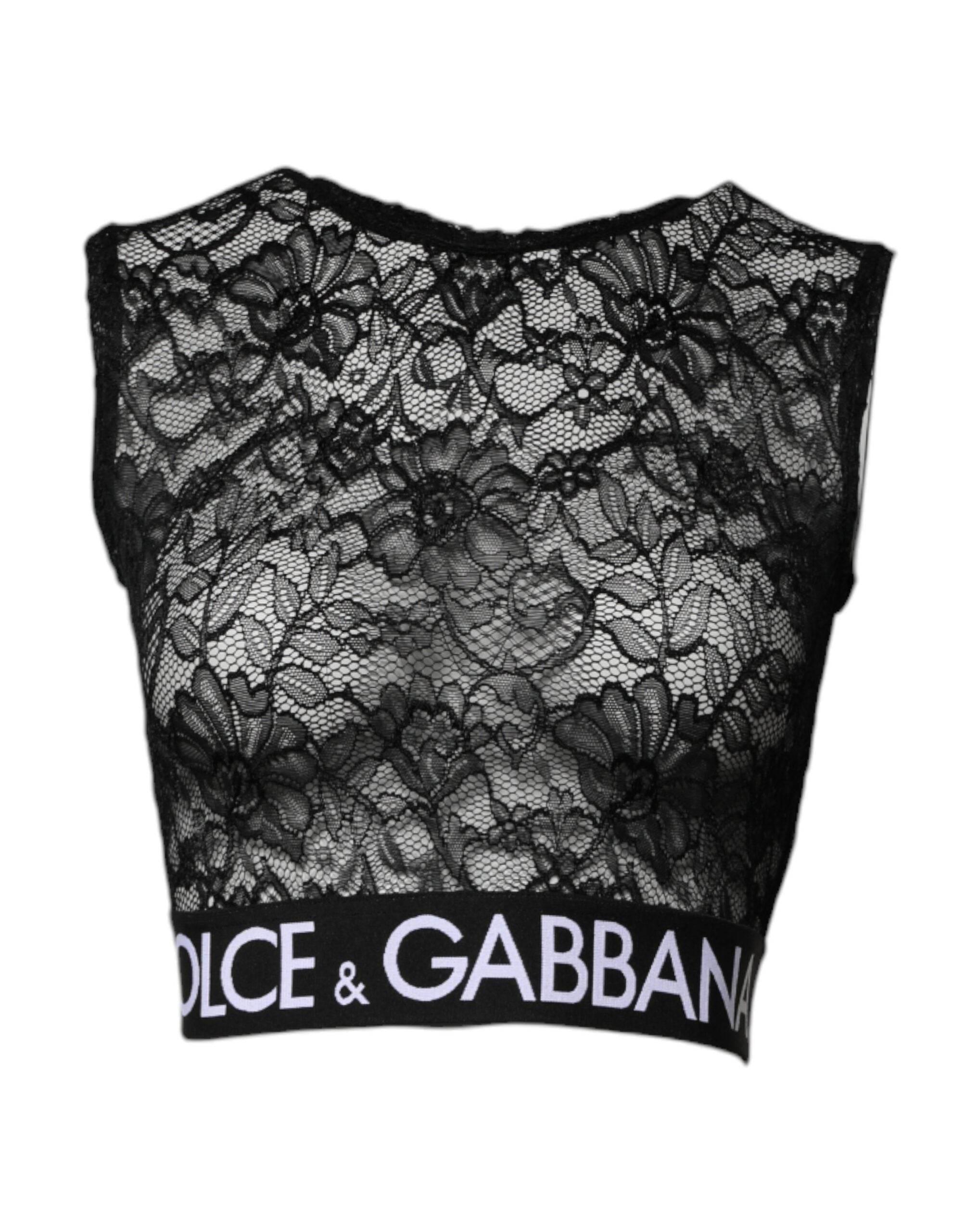 Dolce & Gabbana Sort Nylon Blomsterblonde ærmeløs Crop Top