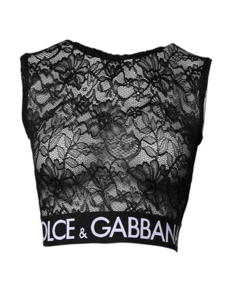 Dolce & Gabbana Black Nylon Floral Lace Sleeveless Crop Top - Hilstor