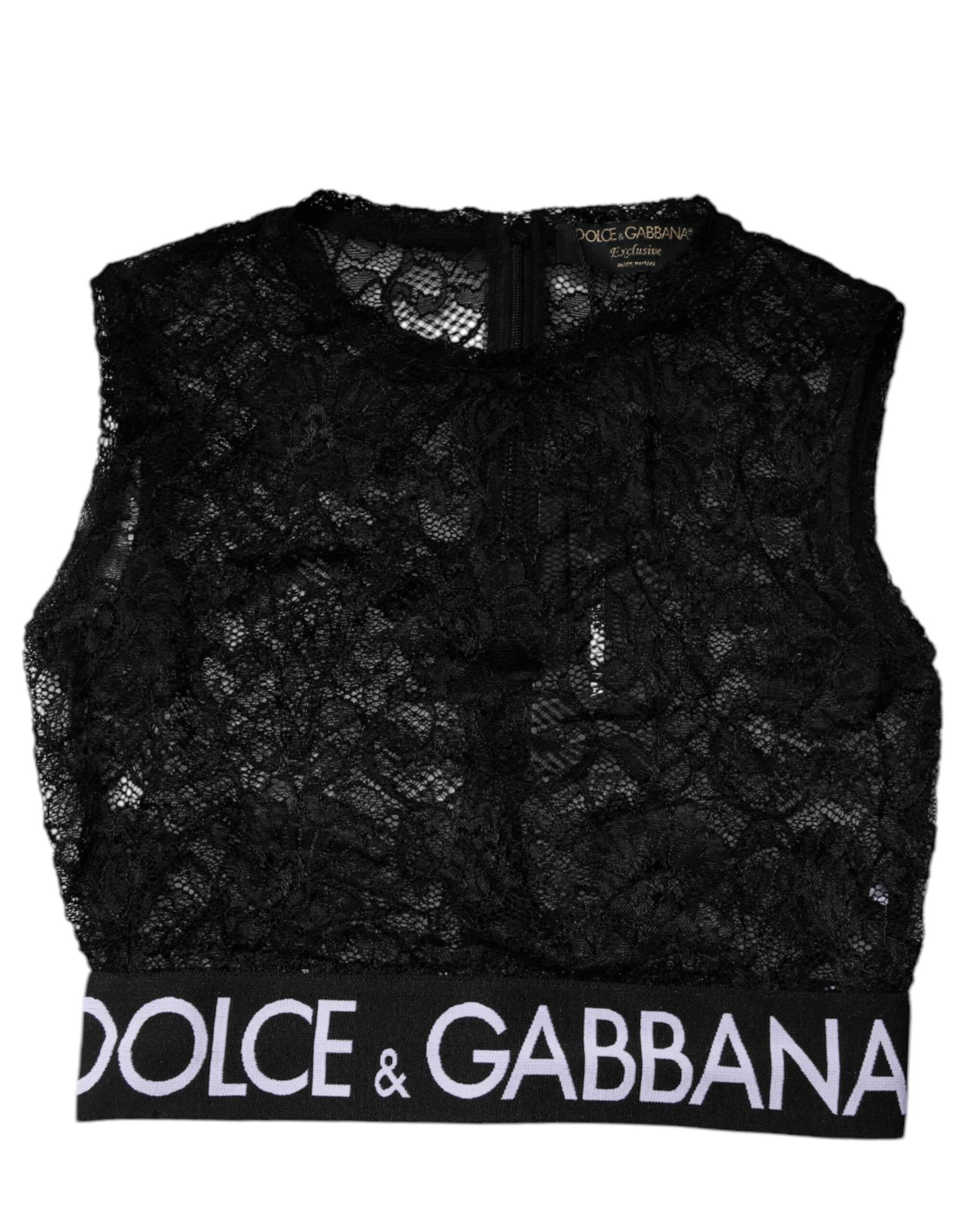 Dolce & Gabbana Sort Nylon Blomsterblonde ærmeløs Crop Top