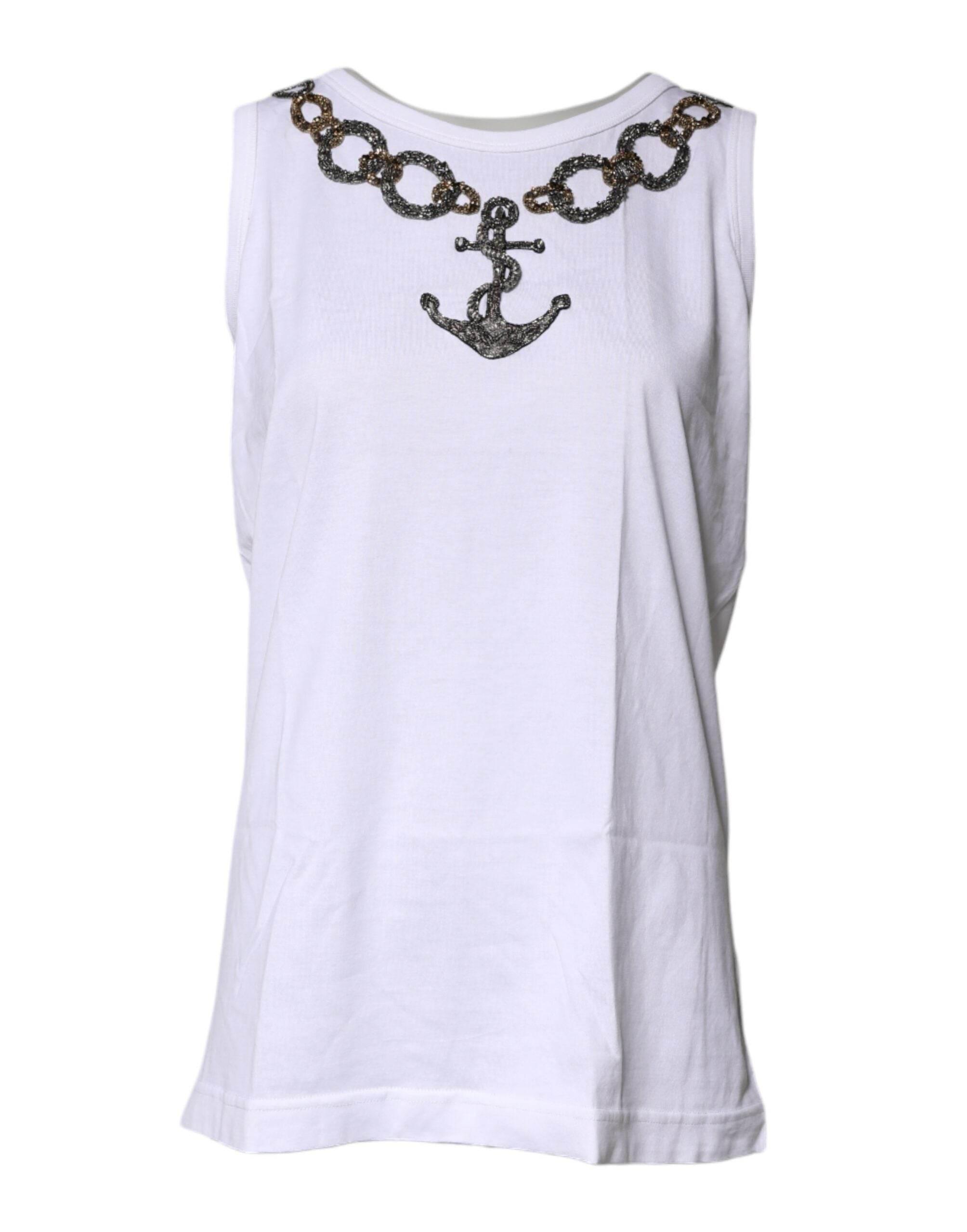 Dolce & Gabbana White Cotton Anchor Chain Embroidery Tank Top - Hilstor