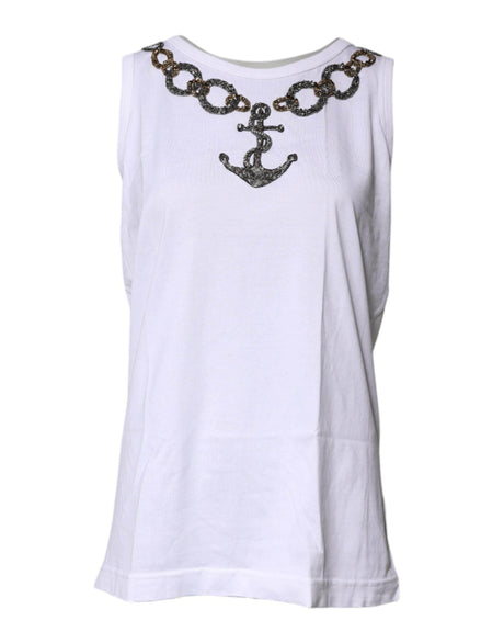 Dolce & Gabbana White Cotton Anchor Chain Embroidery Tank Top - Hilstor