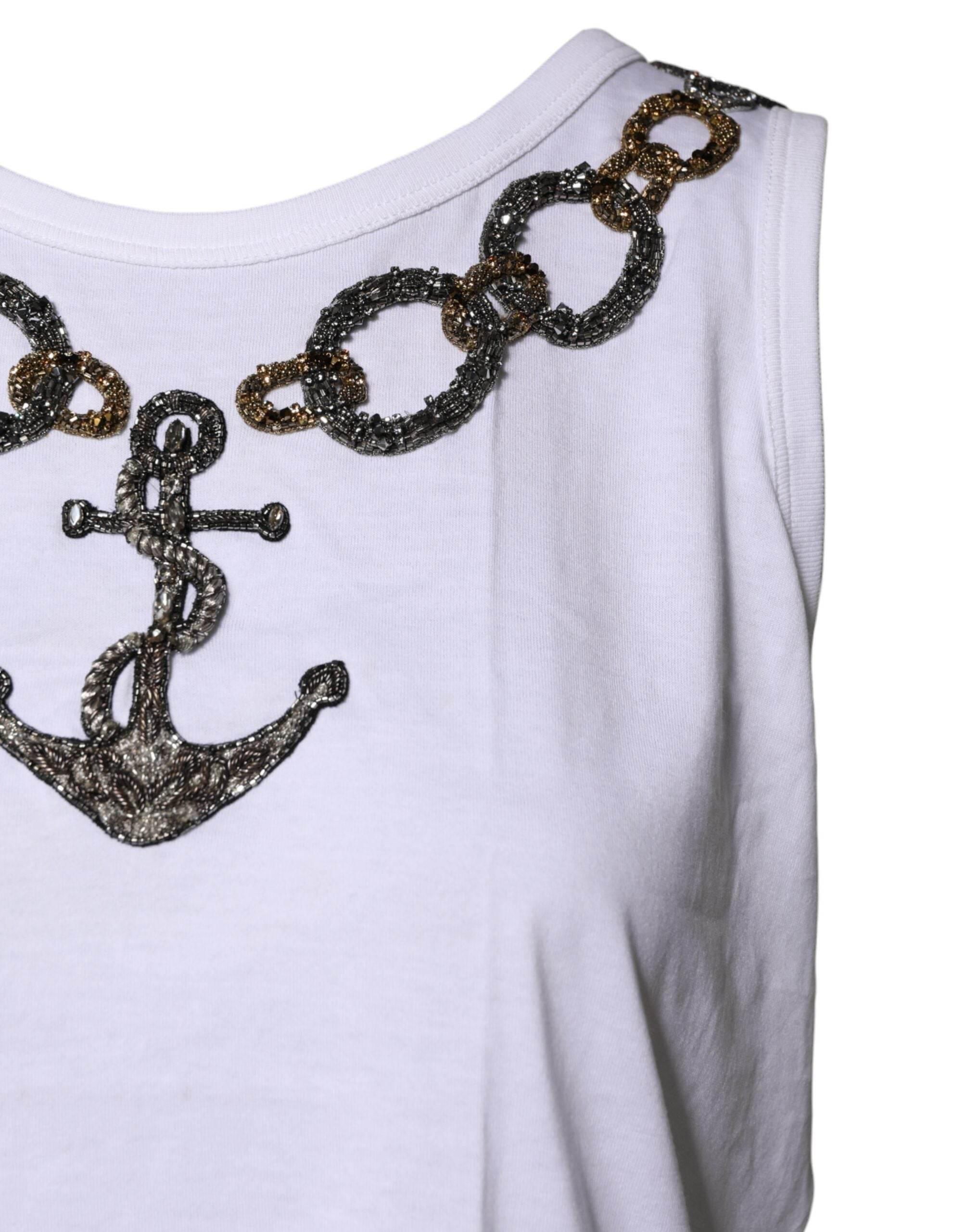 Dolce & Gabbana White Cotton Anchor Chain Embroidery Tank Top - Hilstor