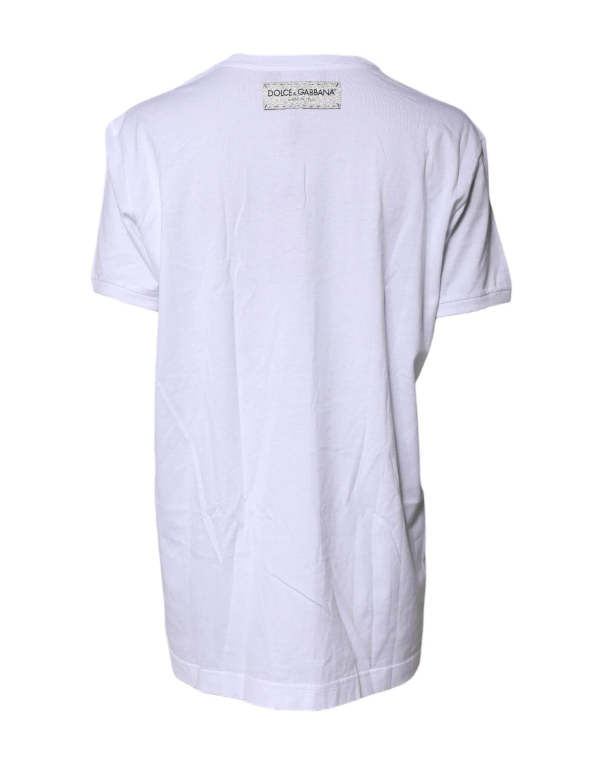 Dolce & Gabbana White Cotton Printed Round Neck Top T-shirt - Hilstor