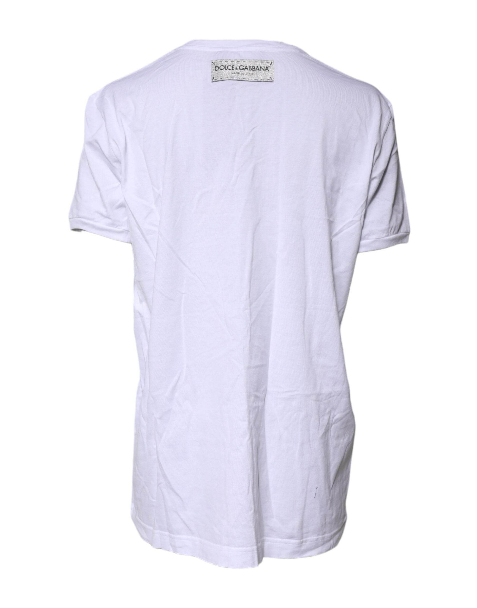 Dolce & Gabbana White Cotton Printed Round Neck Top T-shirt - Hilstor
