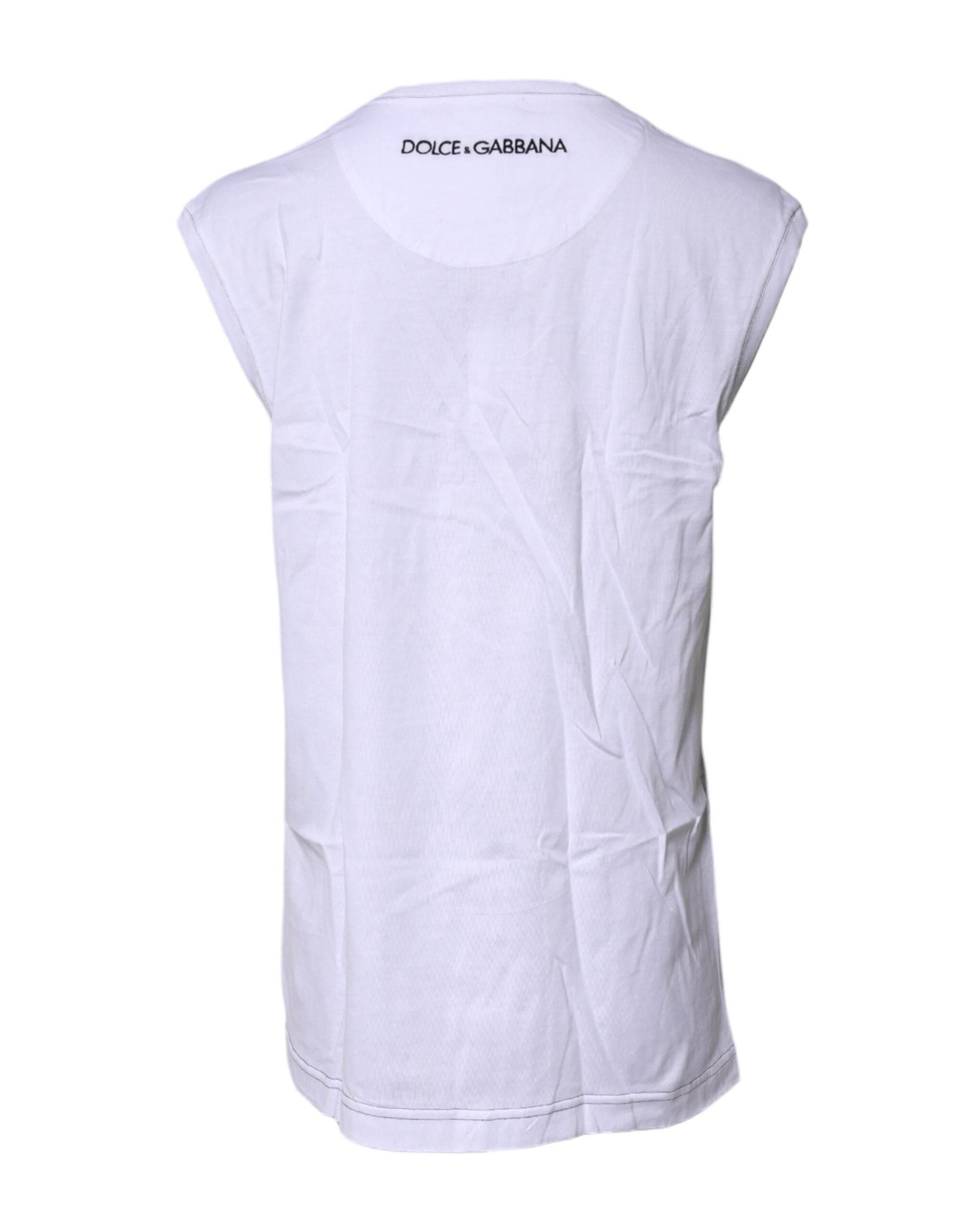 Dolce & Gabbana White Cotton Sleeveless Printed Tank T-shirt - Hilstor