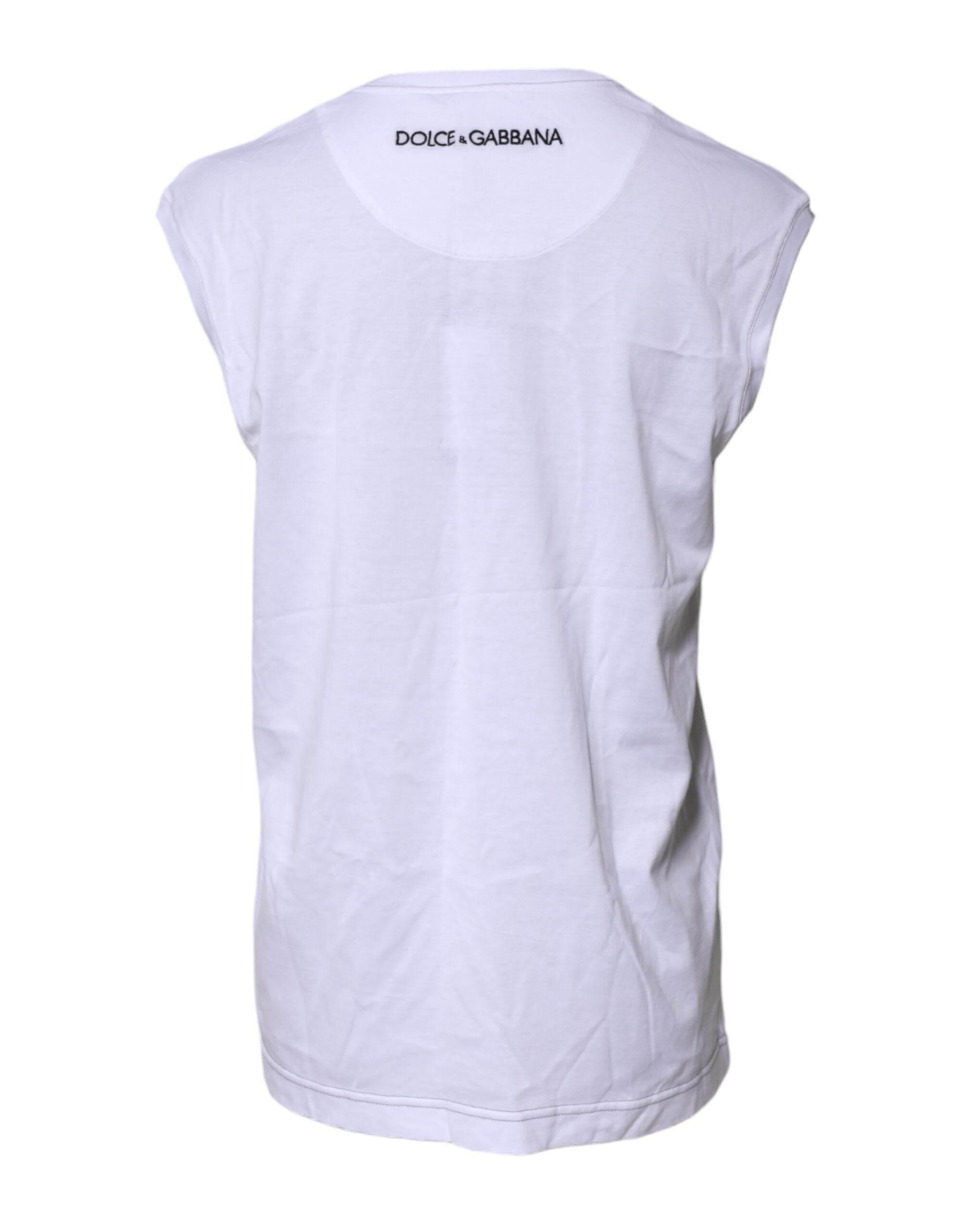 Dolce & Gabbana White Cotton Sleeveless Printed Tank T-shirt - Hilstor
