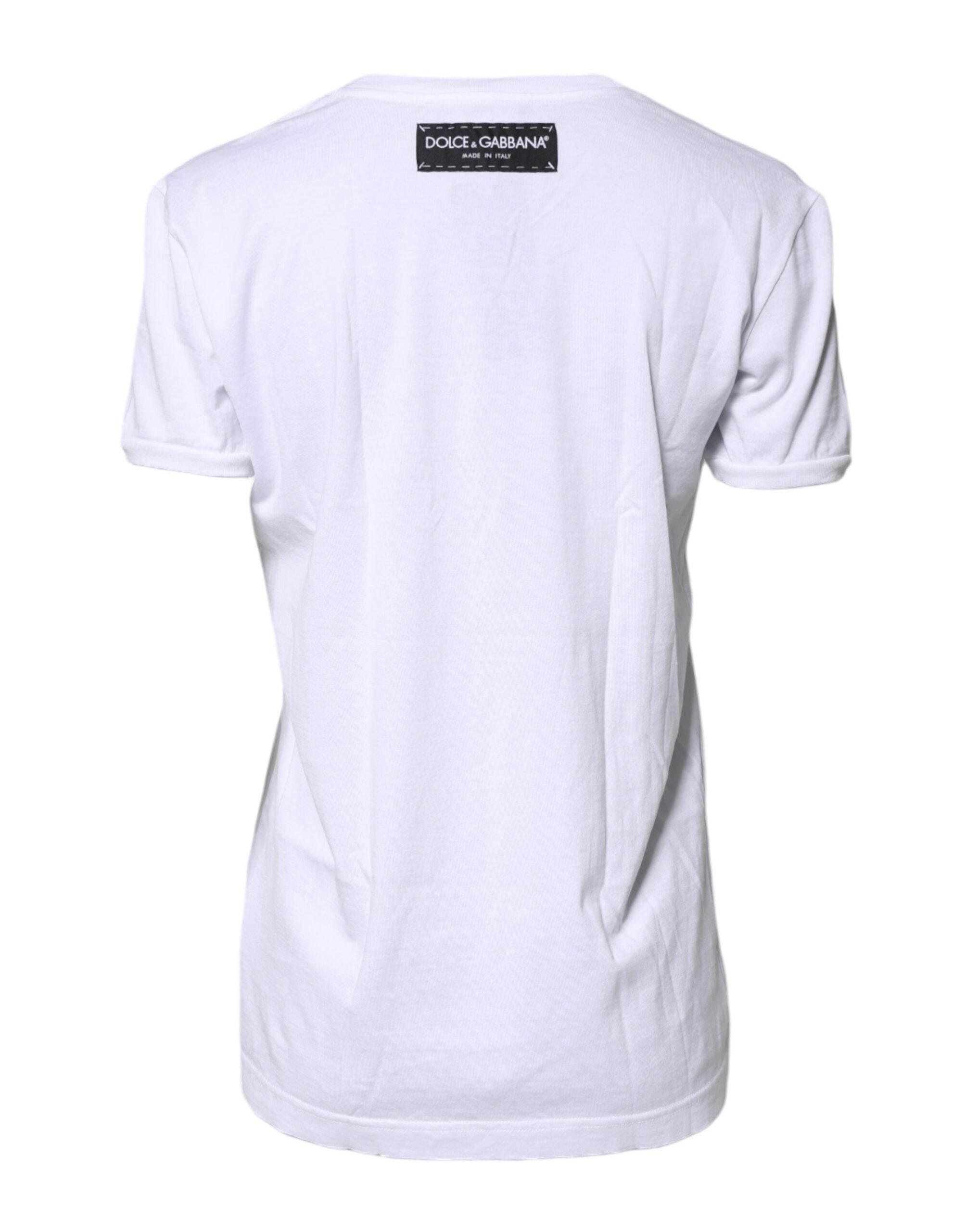 Dolce & Gabbana White Printed Cotton Round Neck Top T-shirt - Hilstor