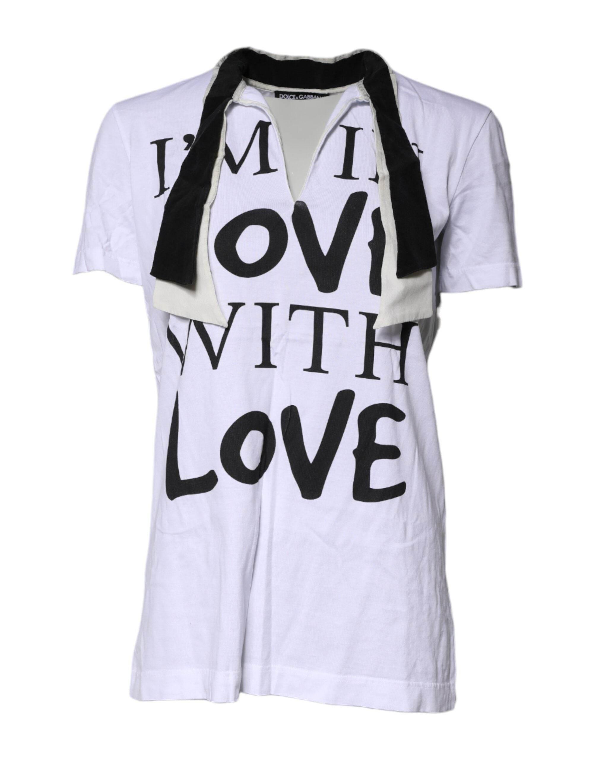Dolce & Gabbana White Cotton Silk Blend Ascot Collar T-shirt - Hilstor