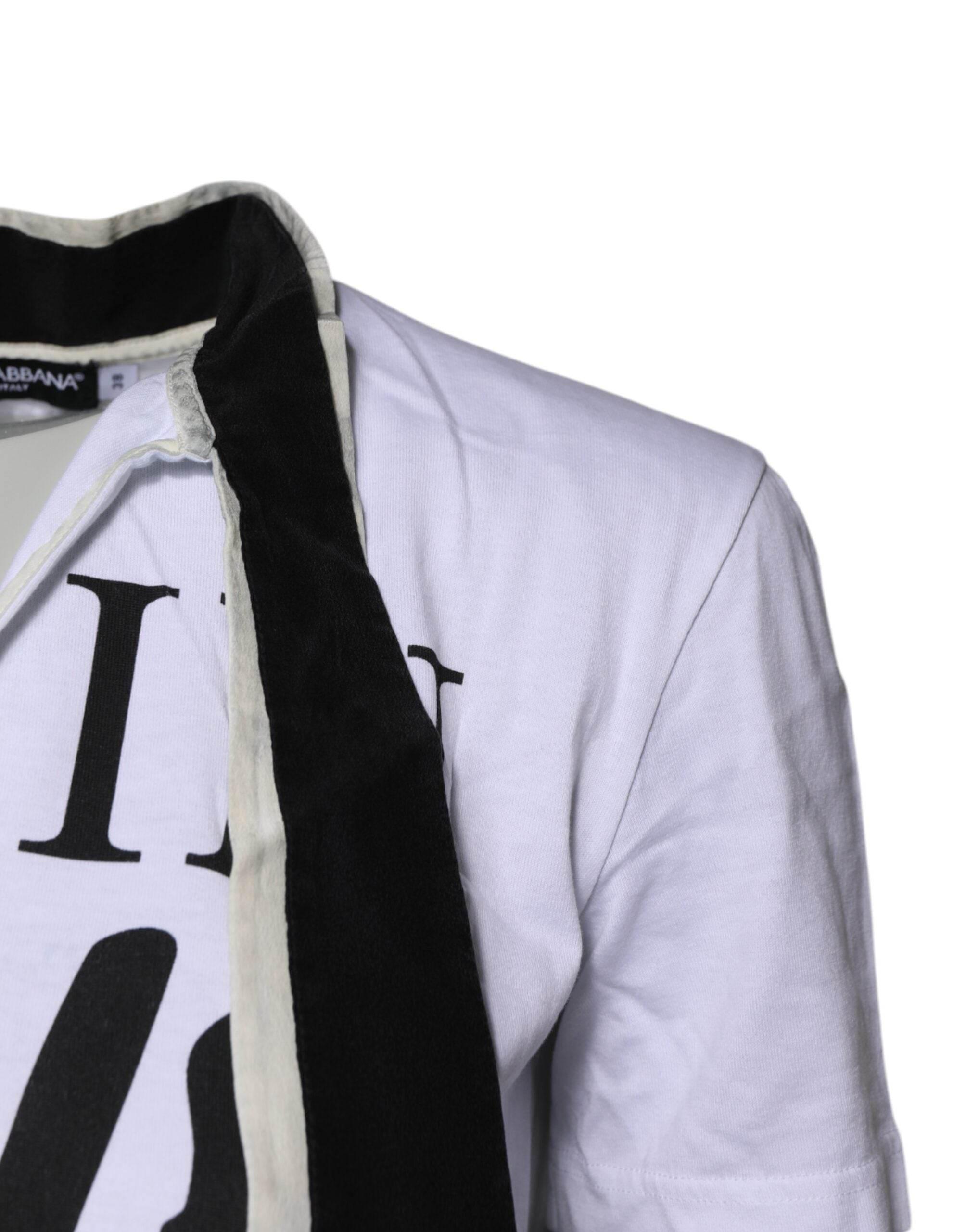 Dolce & Gabbana White Cotton Silk Blend Ascot Collar T-shirt - Hilstor