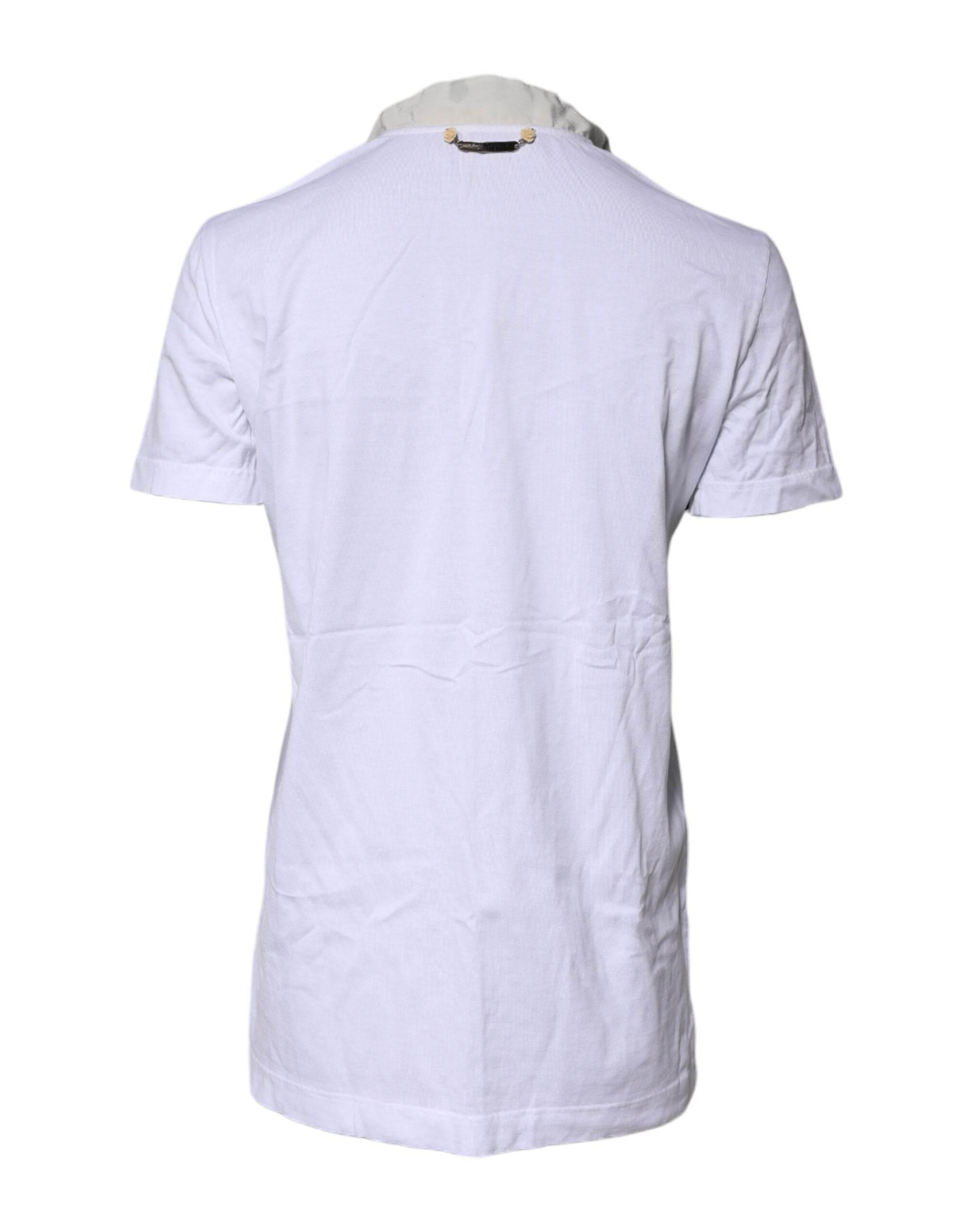 Dolce & Gabbana White Cotton Silk Blend Ascot Collar T-shirt - Hilstor