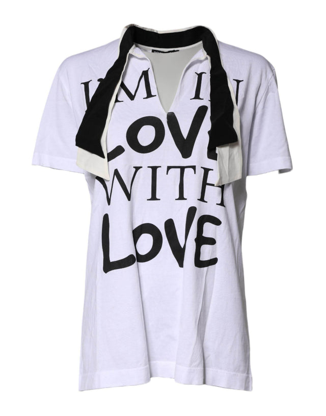 Dolce & Gabbana White Cotton Silk Blend Ascot Collar T-shirt - Hilstor