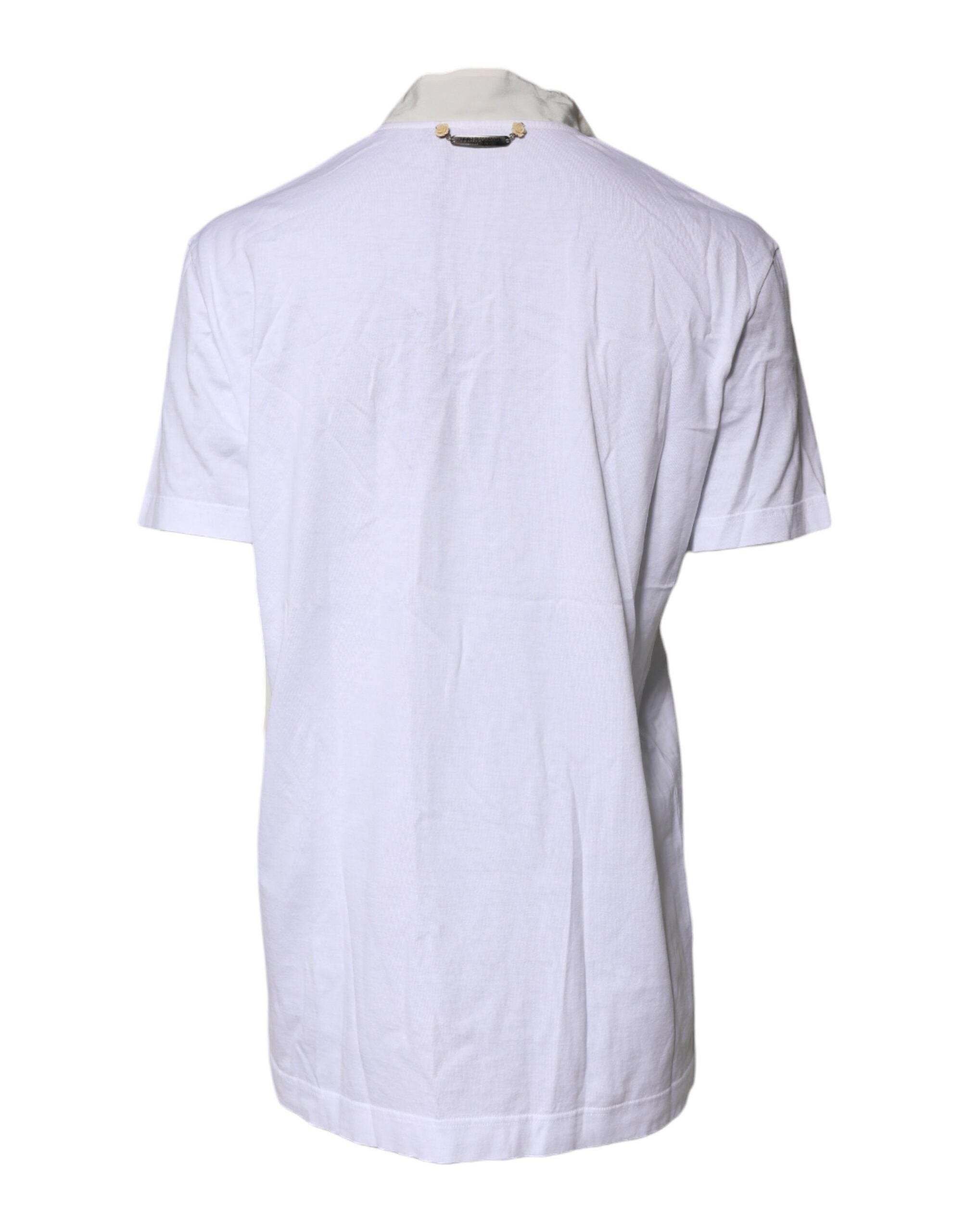 Dolce & Gabbana White Cotton Silk Blend Ascot Collar T-shirt - Hilstor