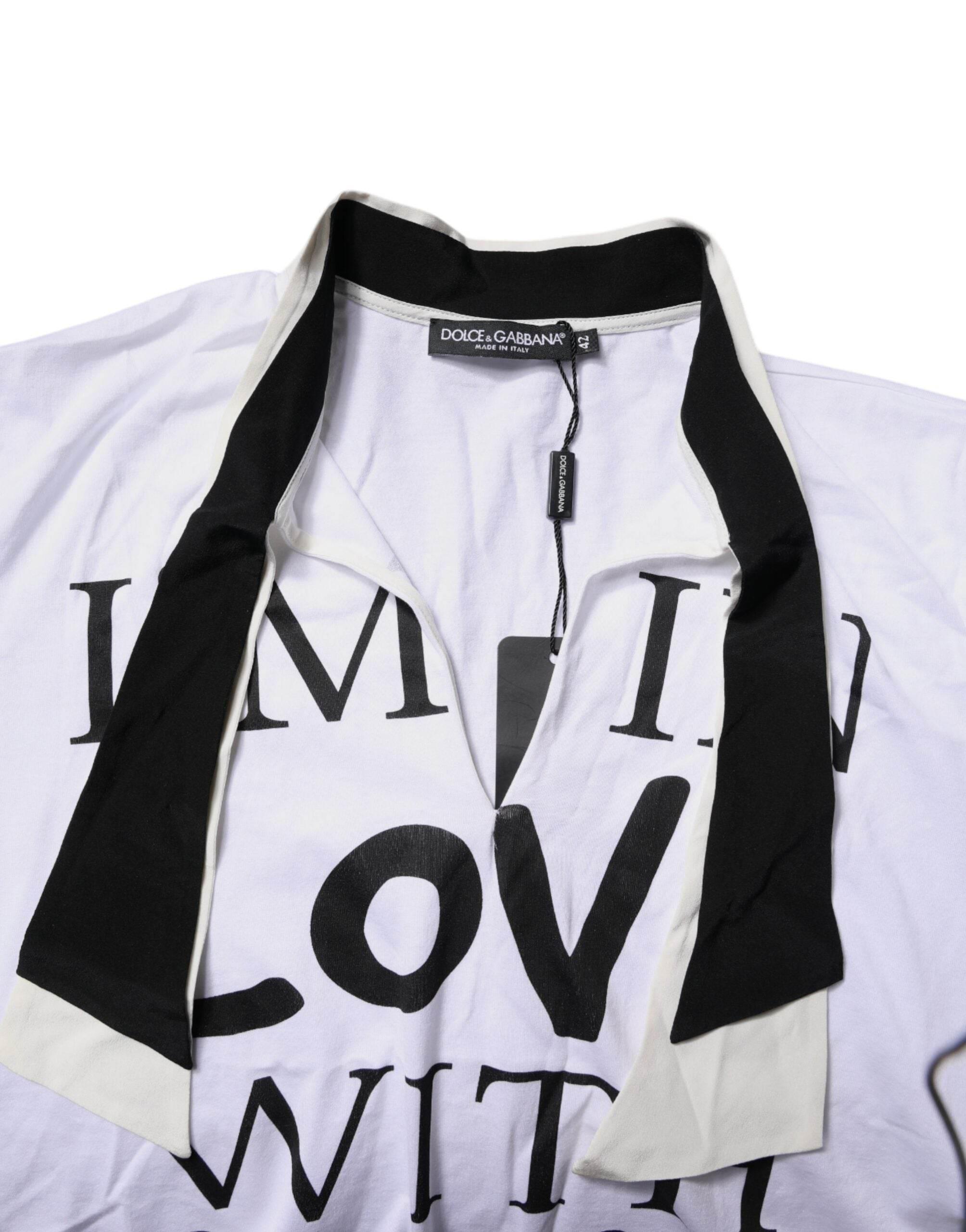 Dolce & Gabbana White Cotton Silk Blend Ascot Collar T-shirt - Hilstor