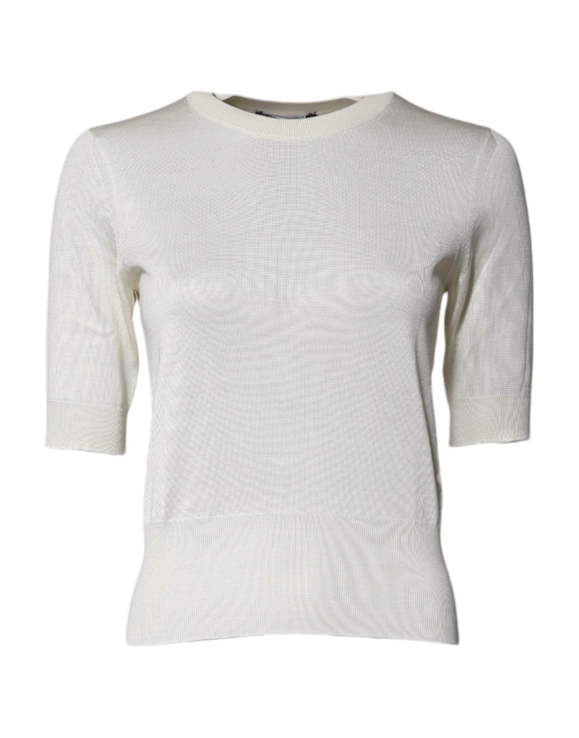 Dolce & Gabbana Cream Short Sleeve Silk Round Neck Blouse Top - Hilstor