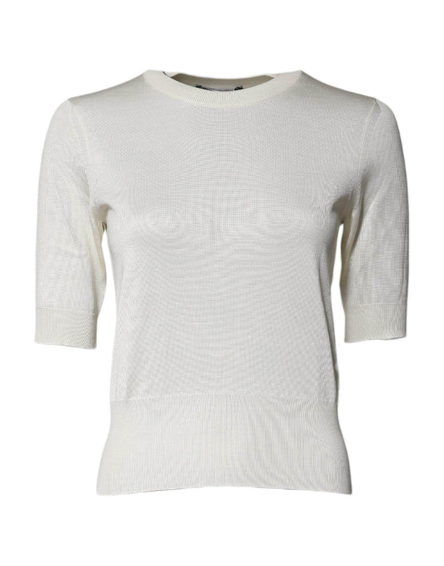 Dolce & Gabbana Cream Short Sleeve Silk Round Neck Blouse Top - Hilstor