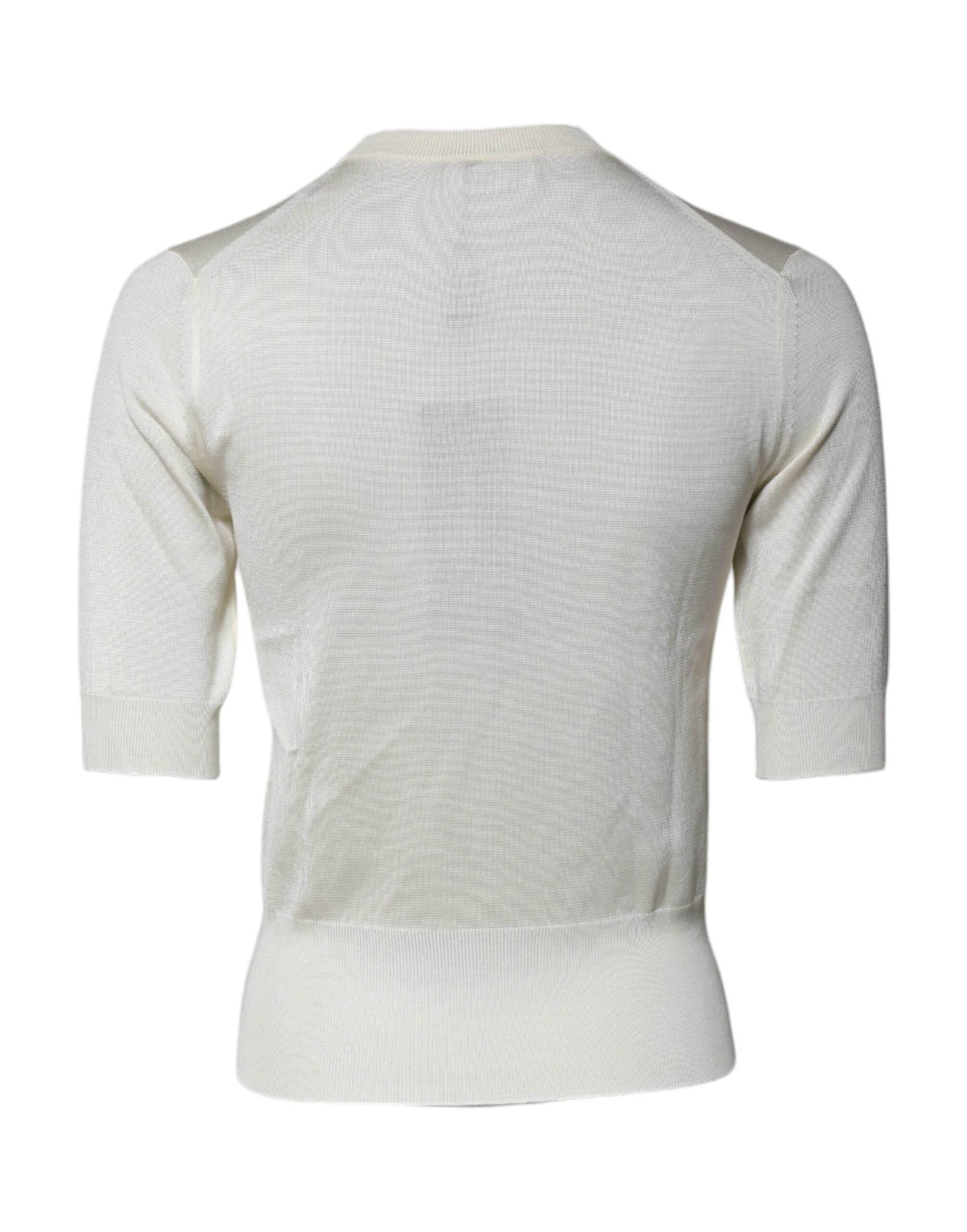 Dolce & Gabbana Cream Short Sleeve Silk Round Neck Blouse Top - Hilstor