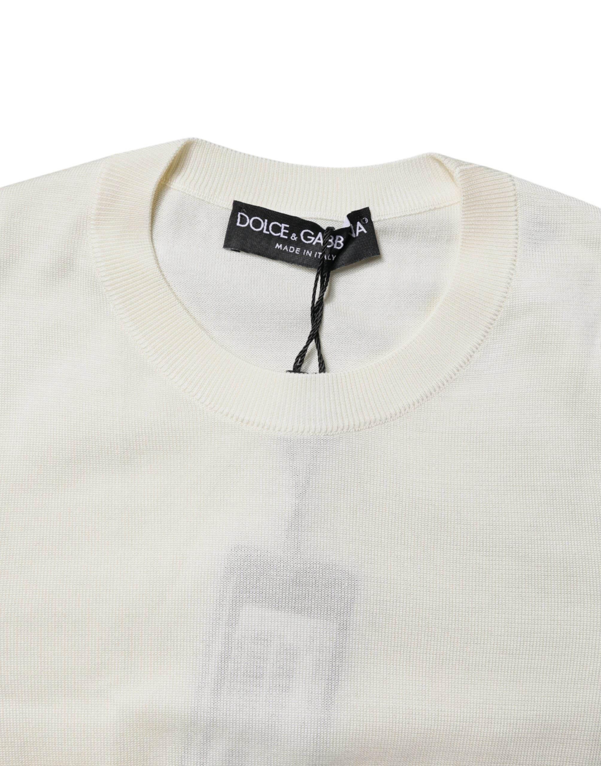 Dolce & Gabbana Cream Short Sleeve Silk Round Neck Blouse Top - Hilstor