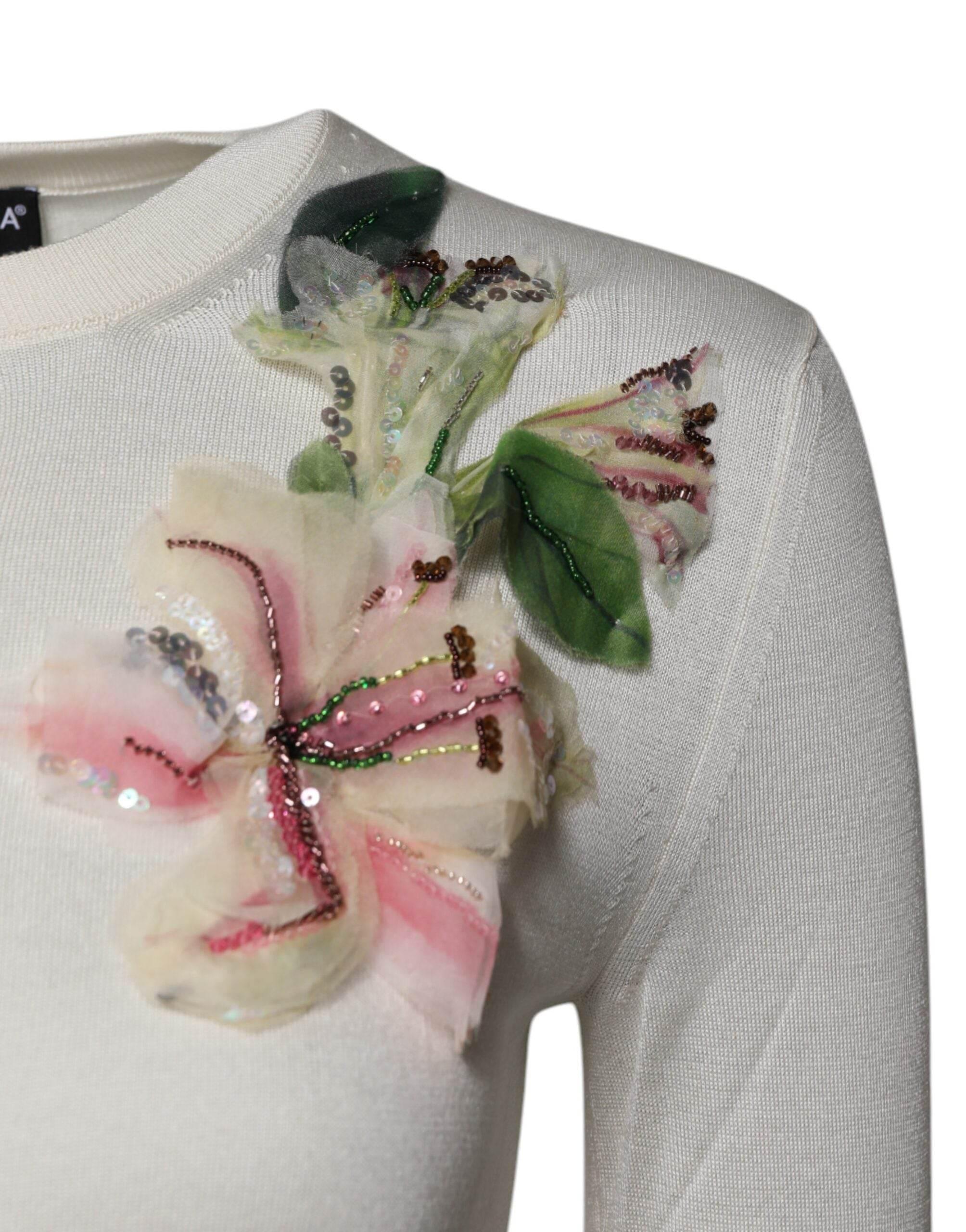 Dolce & Gabbana Cream Floral Silk Embellished Cardigan Sweater - Hilstor