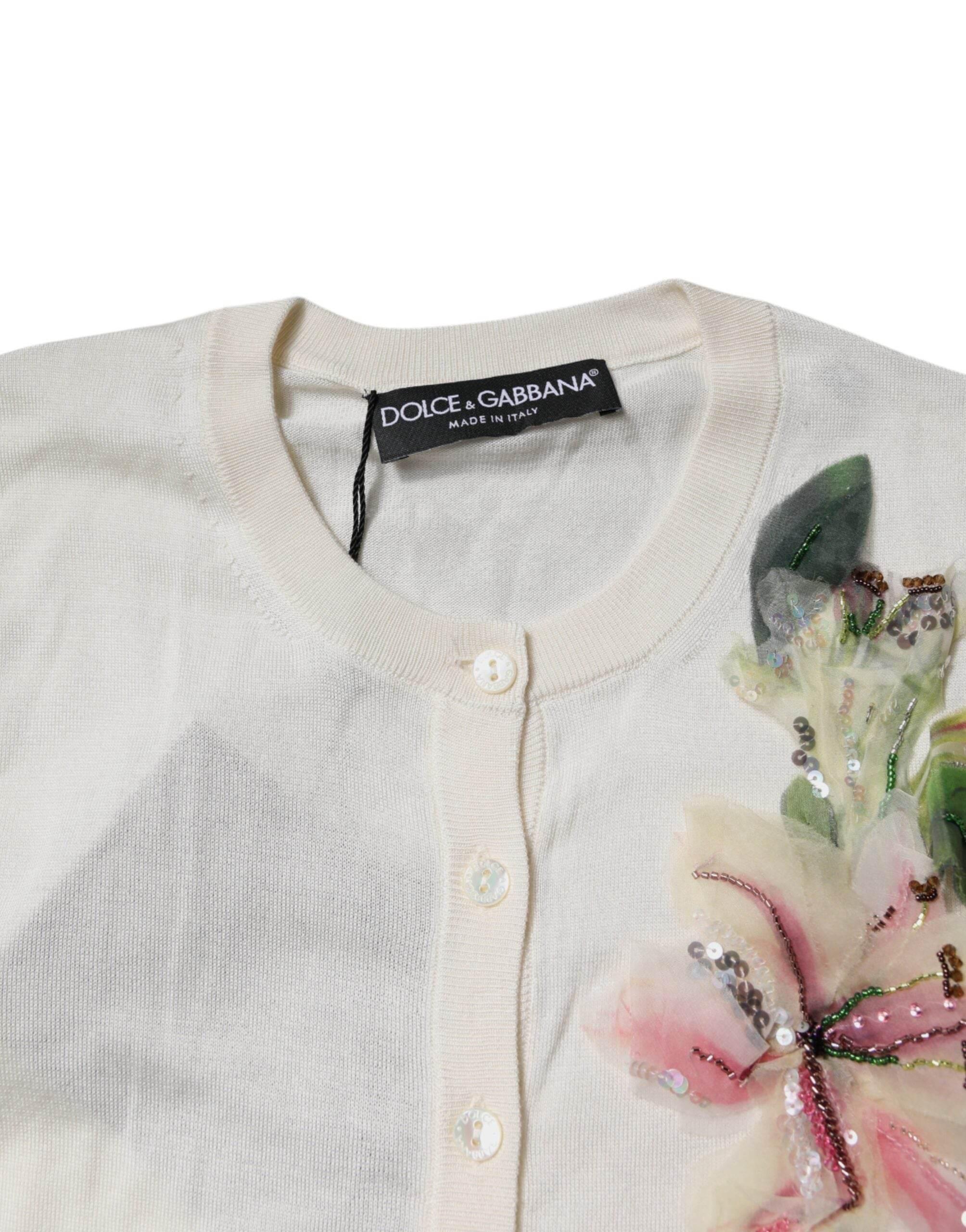 Dolce & Gabbana Cream Floral Silk Embellished Cardigan Sweater - Hilstor