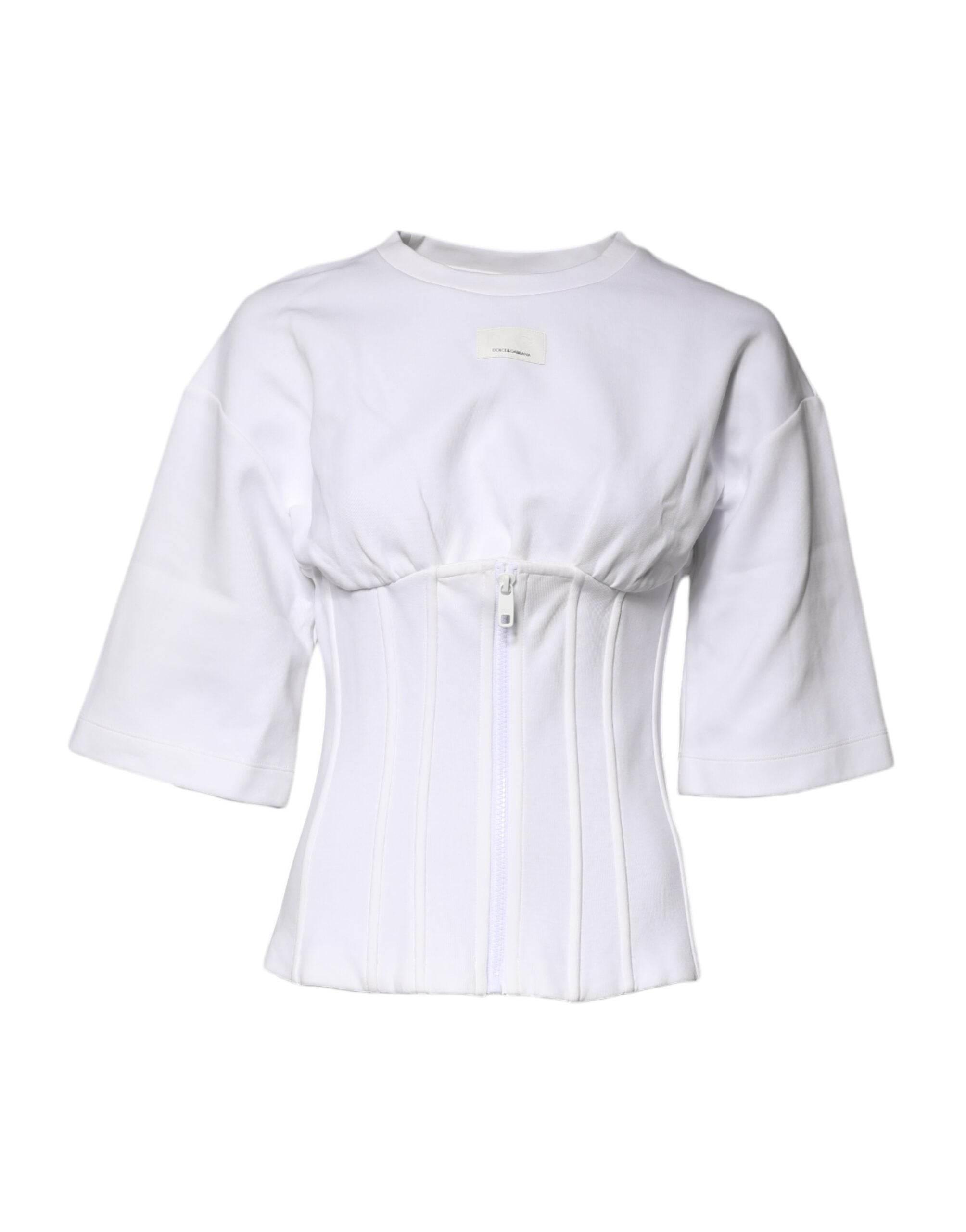 Dolce & Gabbana White Cotton Blend 3/4 Sleeves Blouse Top - Hilstor