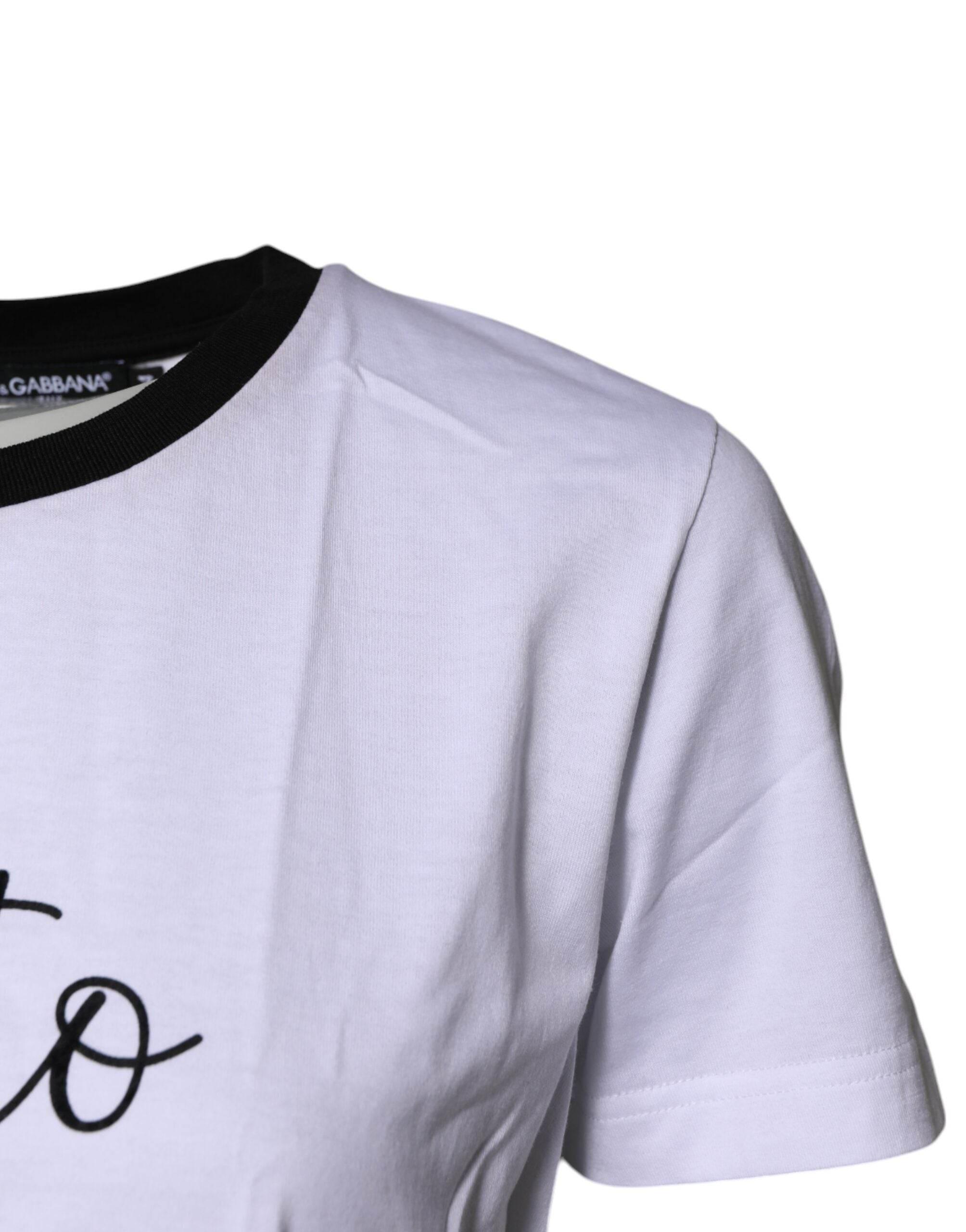 Dolce & Gabbana White Printed Round Neck Top Cotton T-shirt - Hilstor