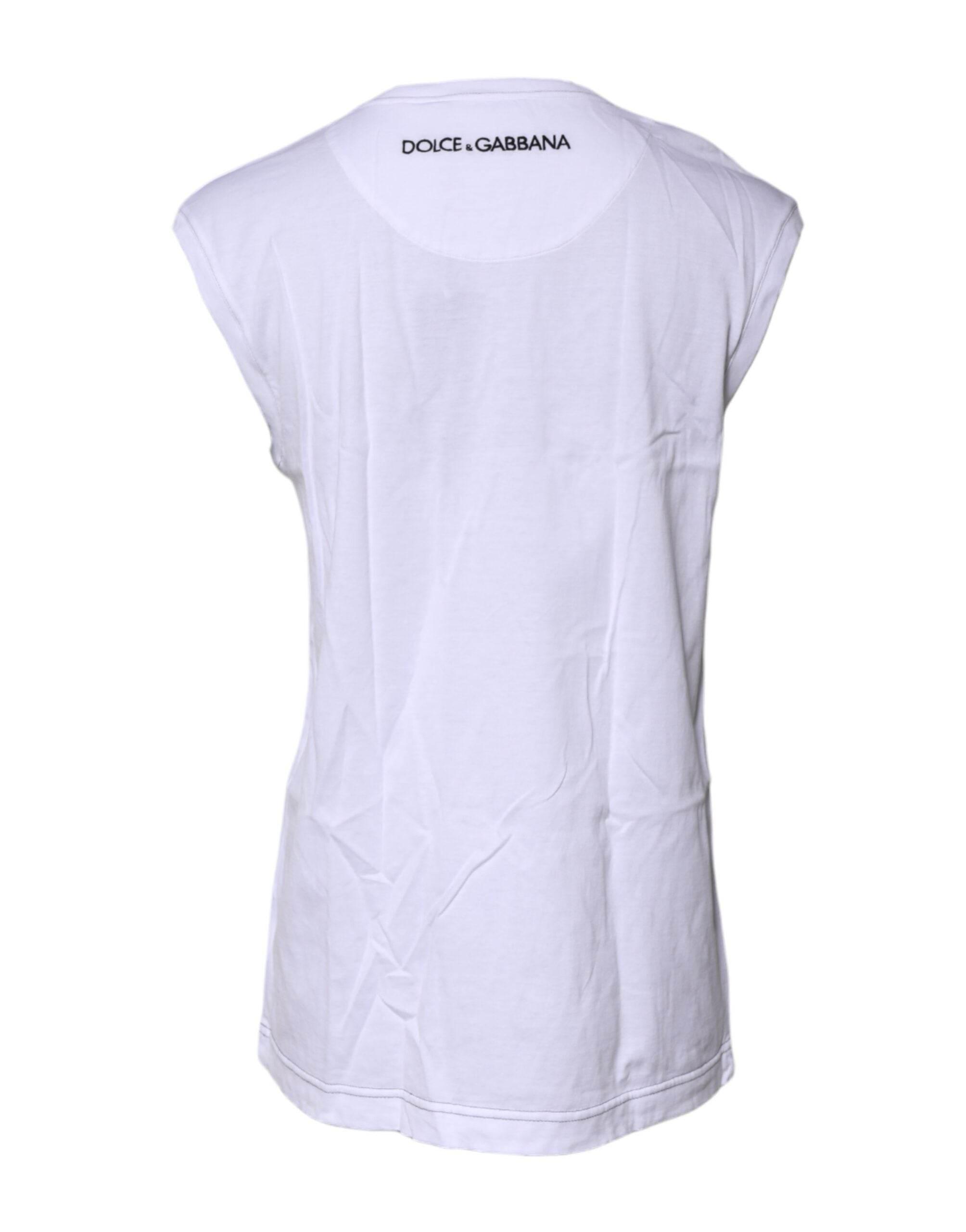 Dolce & Gabbana White Cotton Sleeveless Printed Tank T-shirt - Hilstor