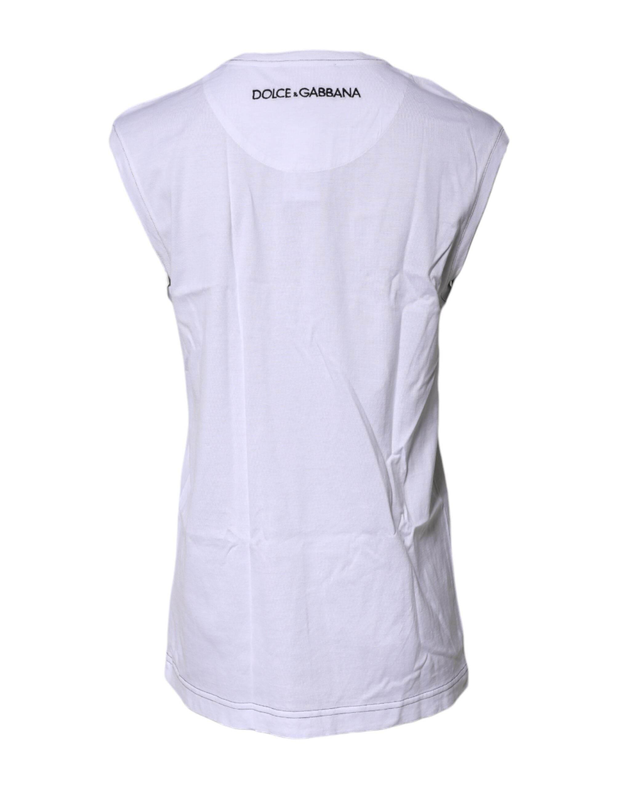 Dolce & Gabbana White Cotton Sleeveless Printed Tank T-shirt - Hilstor