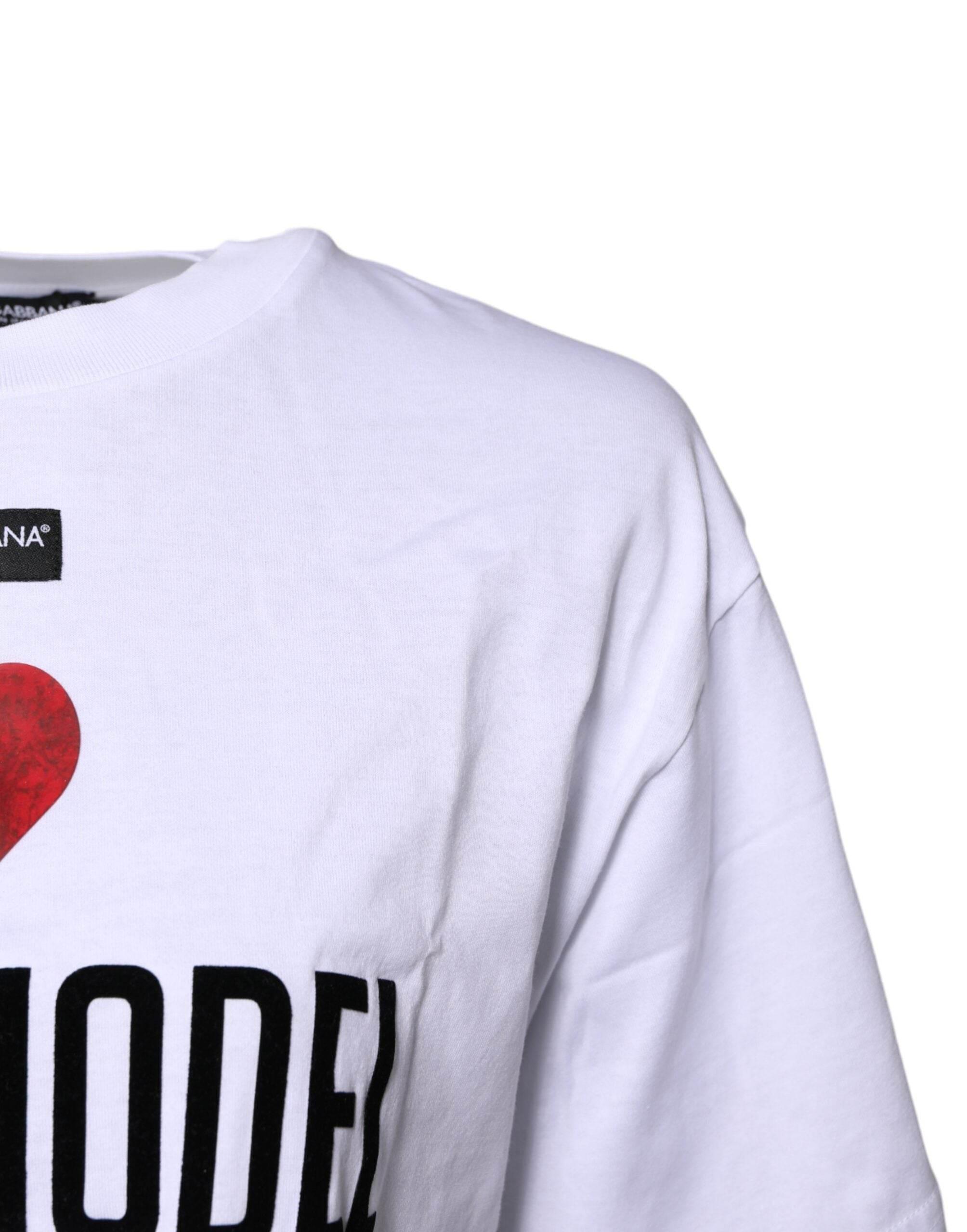 Dolce & Gabbana White Printed Round Neck Top Cotton T-shirt - Hilstor