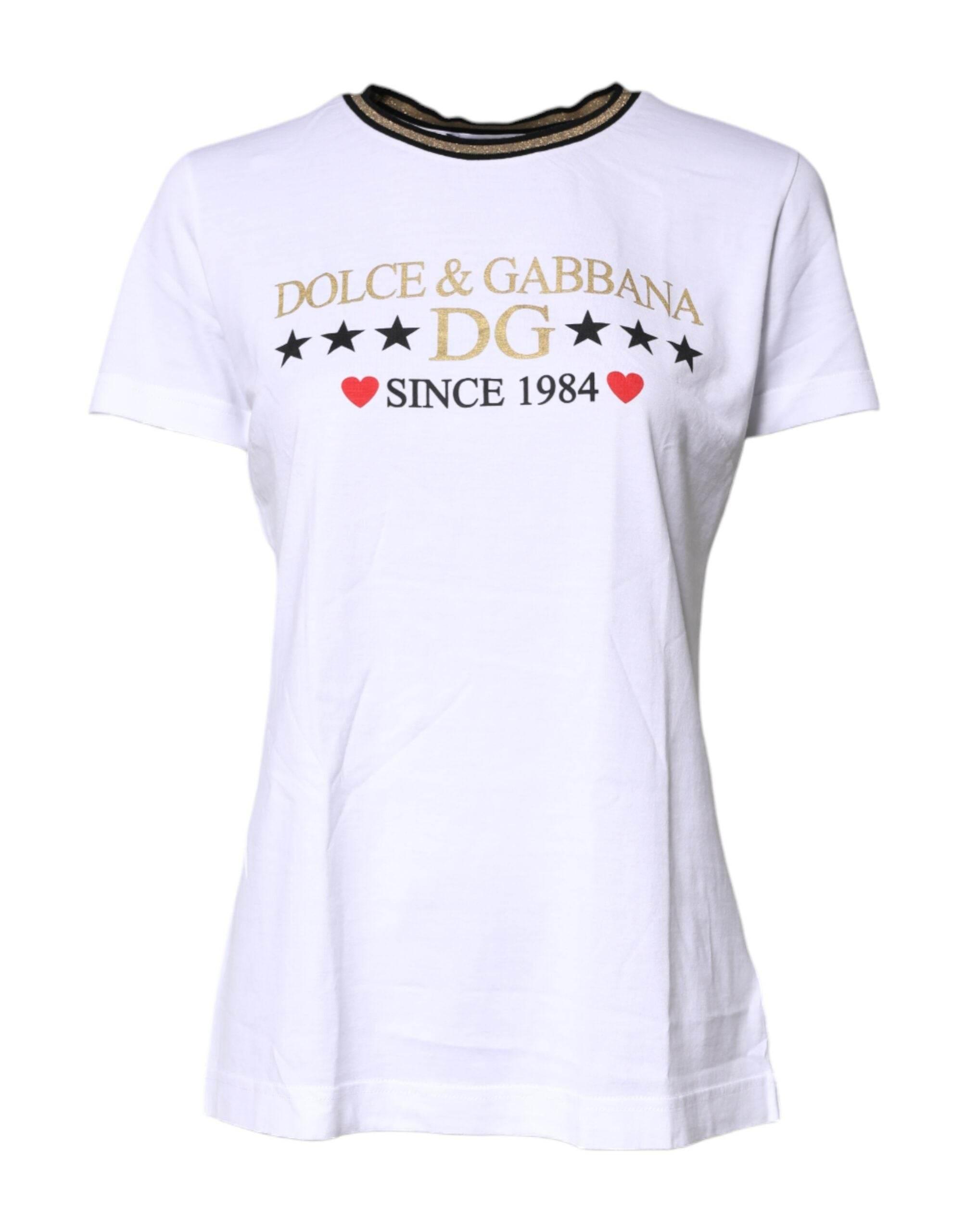 Dolce & Gabbana White Printed Round Neck Top Cotton T-shirt - Hilstor