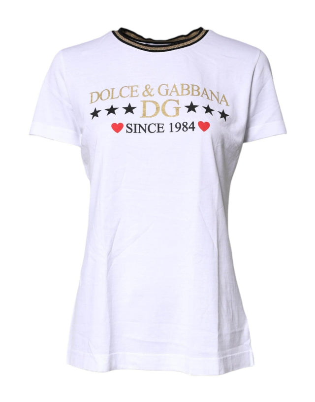 Dolce & Gabbana White Printed Round Neck Top Cotton T-shirt - Hilstor