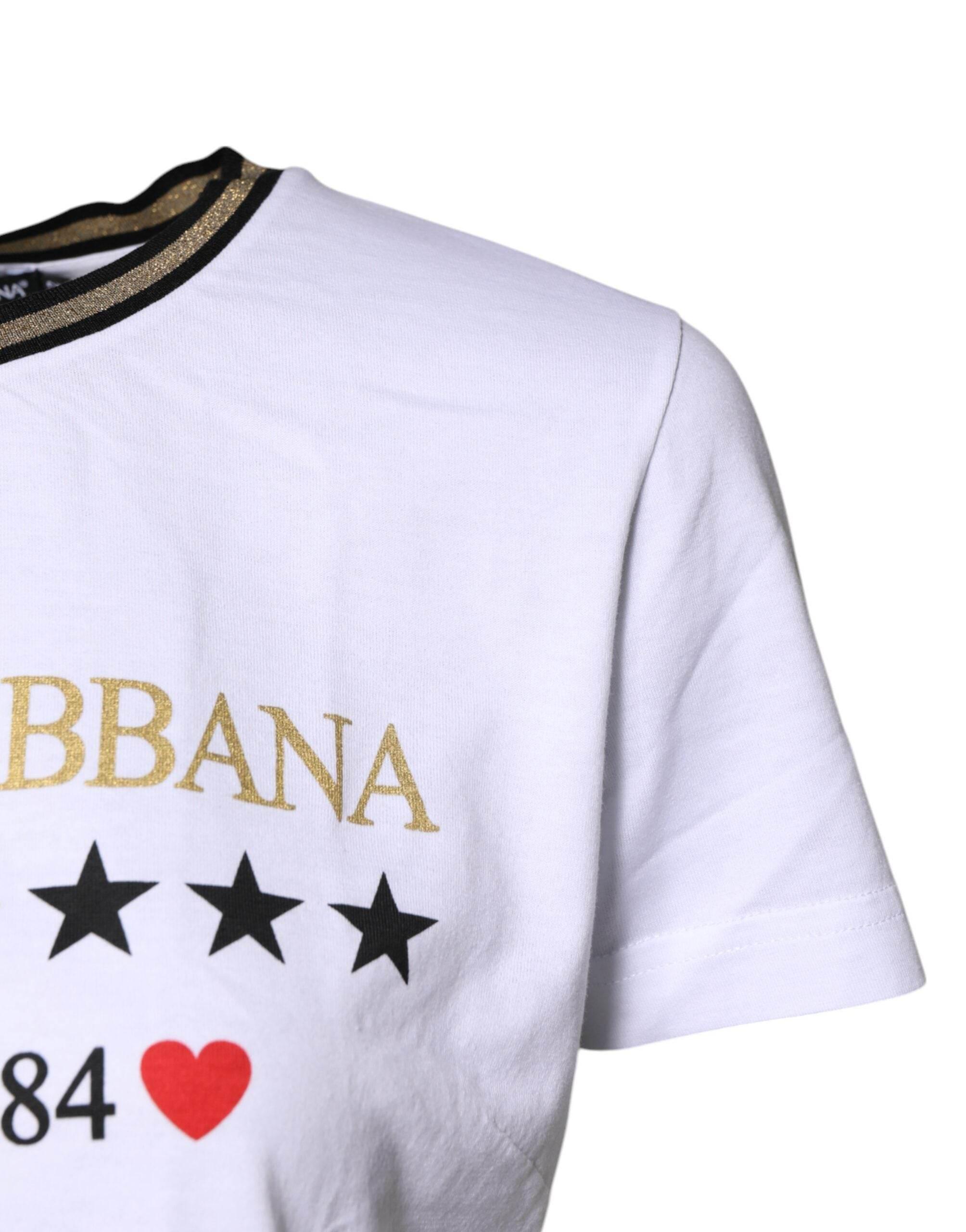 Dolce & Gabbana White Printed Round Neck Top Cotton T-shirt - Hilstor