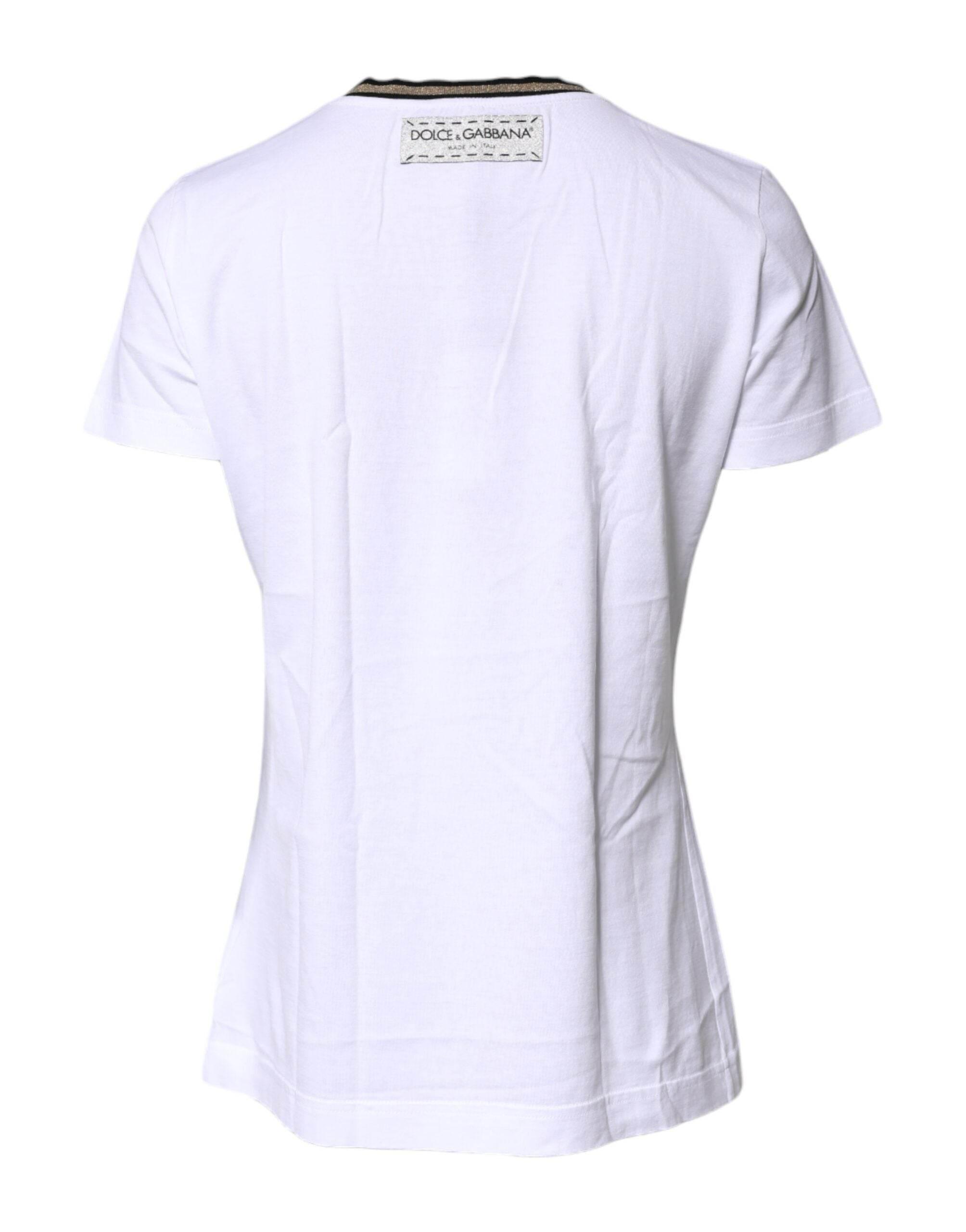 Dolce & Gabbana White Printed Round Neck Top Cotton T-shirt - Hilstor
