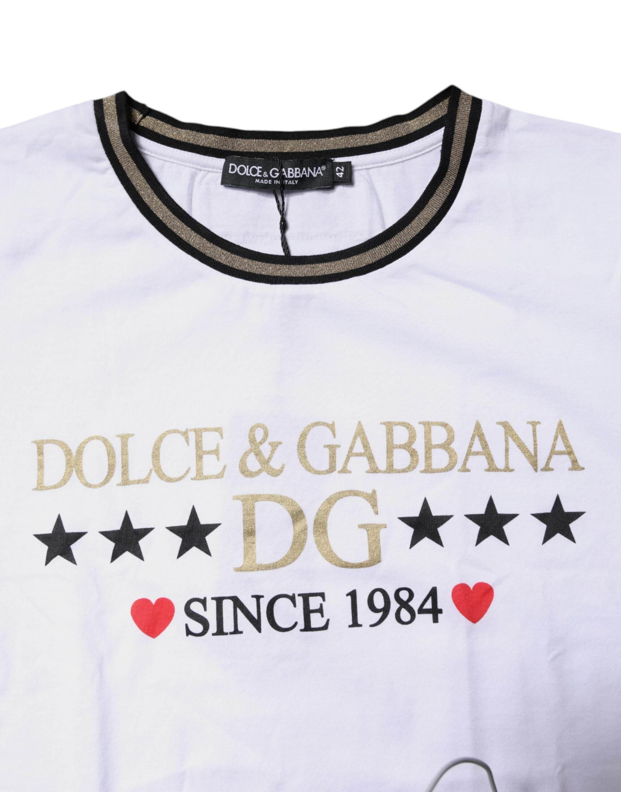 Dolce & Gabbana White Printed Round Neck Top Cotton T-shirt - Hilstor