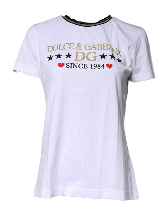 Dolce & Gabbana White Printed Round Neck Top Cotton T-shirt - Hilstor