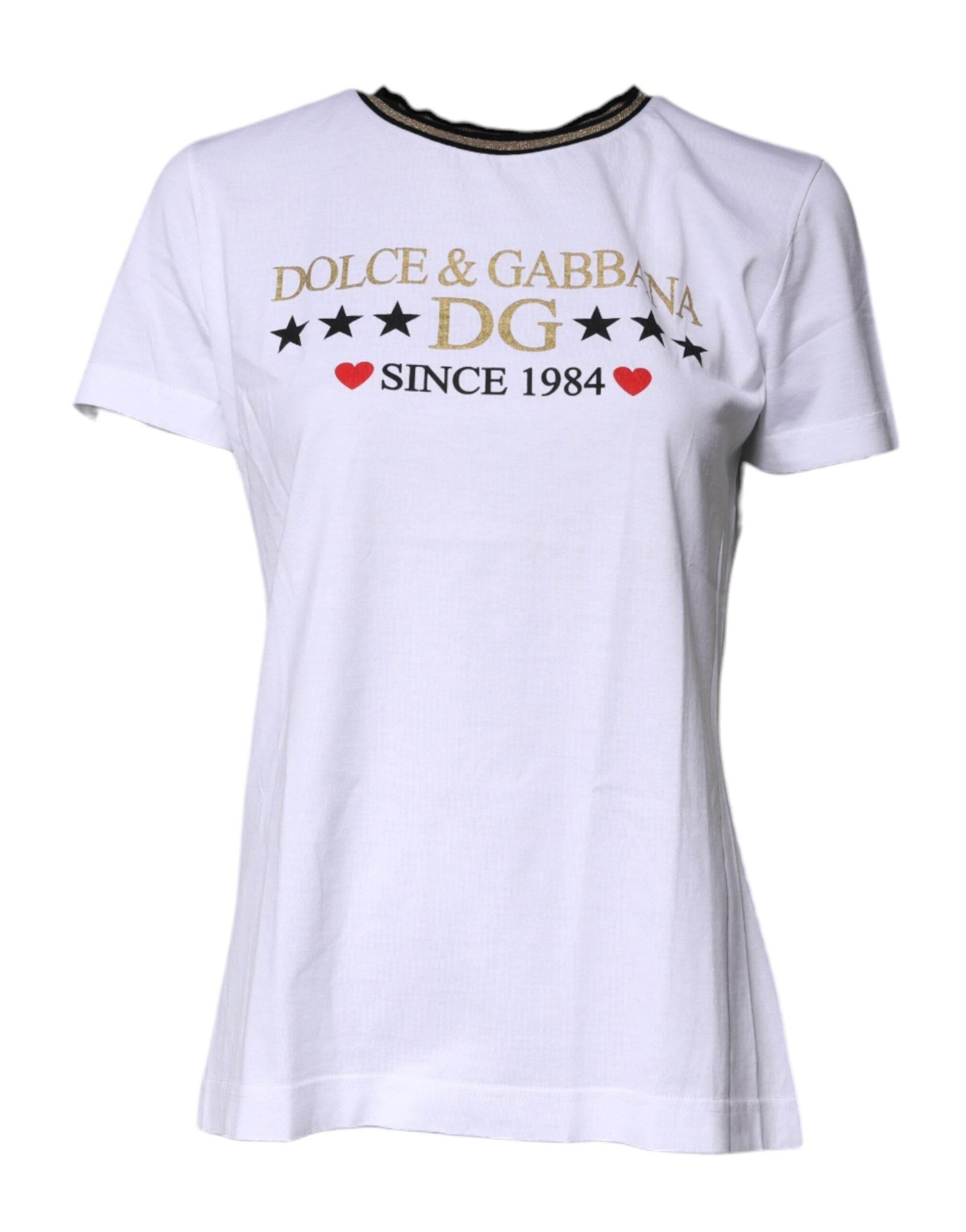 Dolce & Gabbana White Printed Round Neck Top Cotton T-shirt - Hilstor