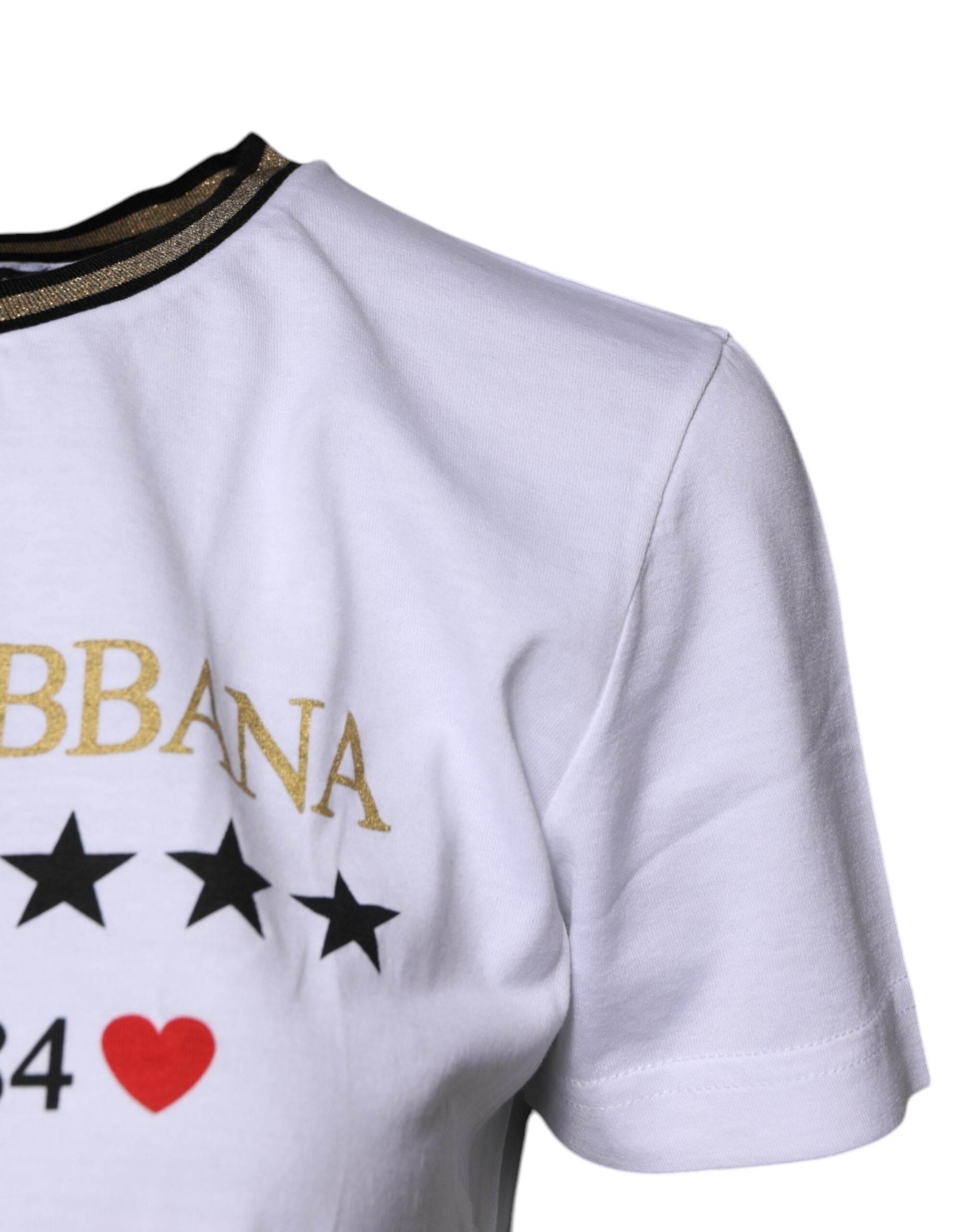 Dolce & Gabbana White Printed Round Neck Top Cotton T-shirt - Hilstor
