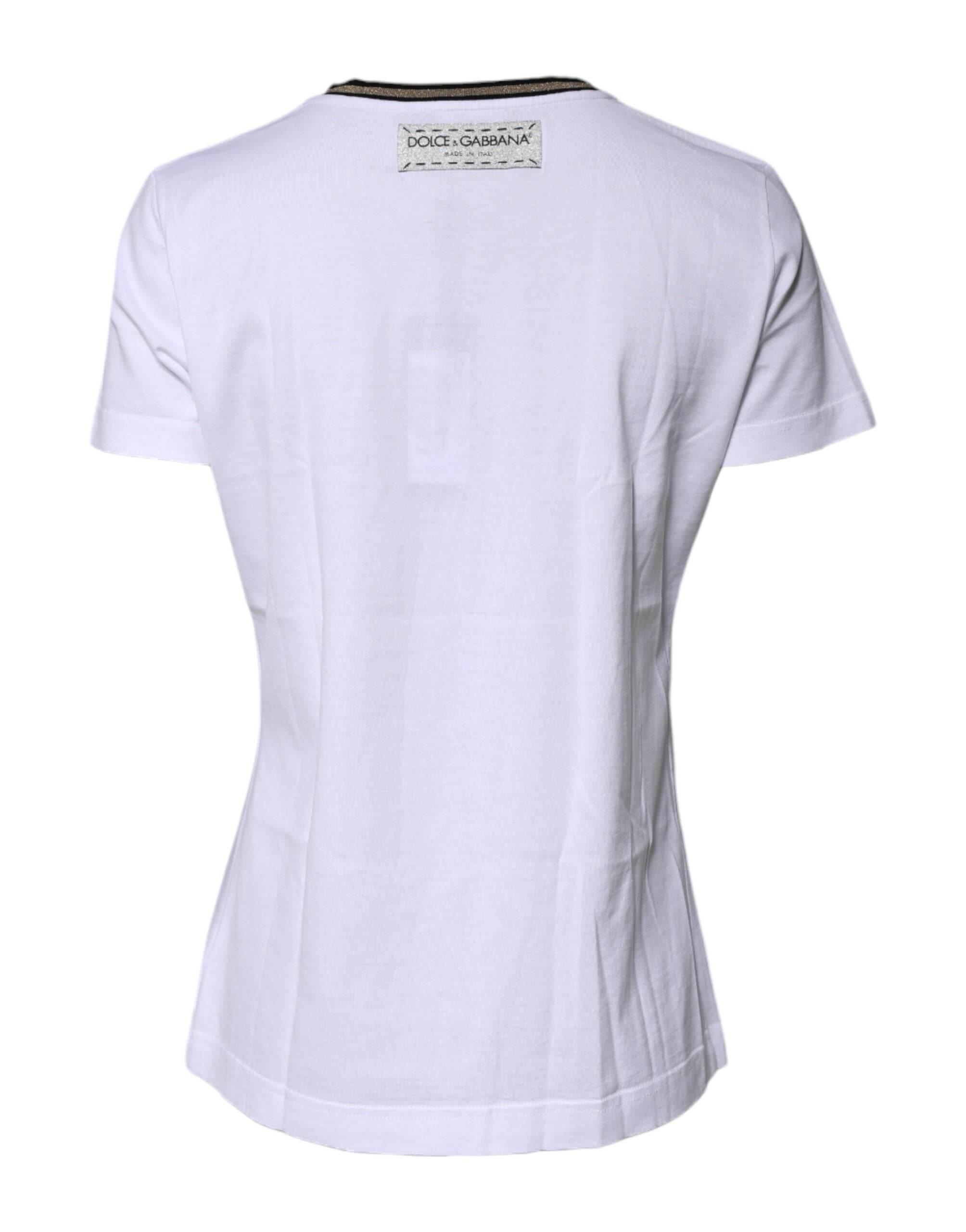 Dolce & Gabbana White Printed Round Neck Top Cotton T-shirt - Hilstor