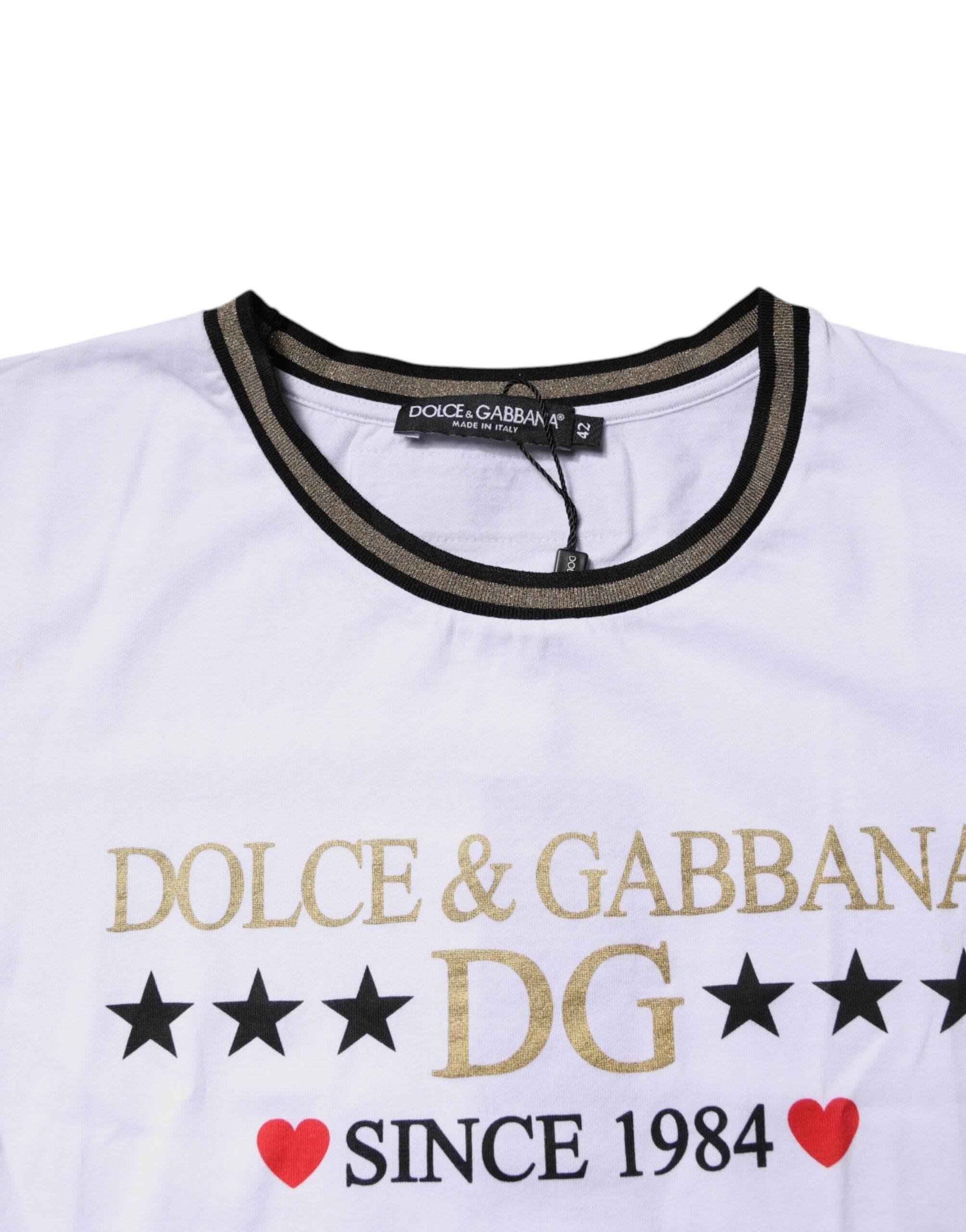 Dolce & Gabbana White Printed Round Neck Top Cotton T-shirt - Hilstor