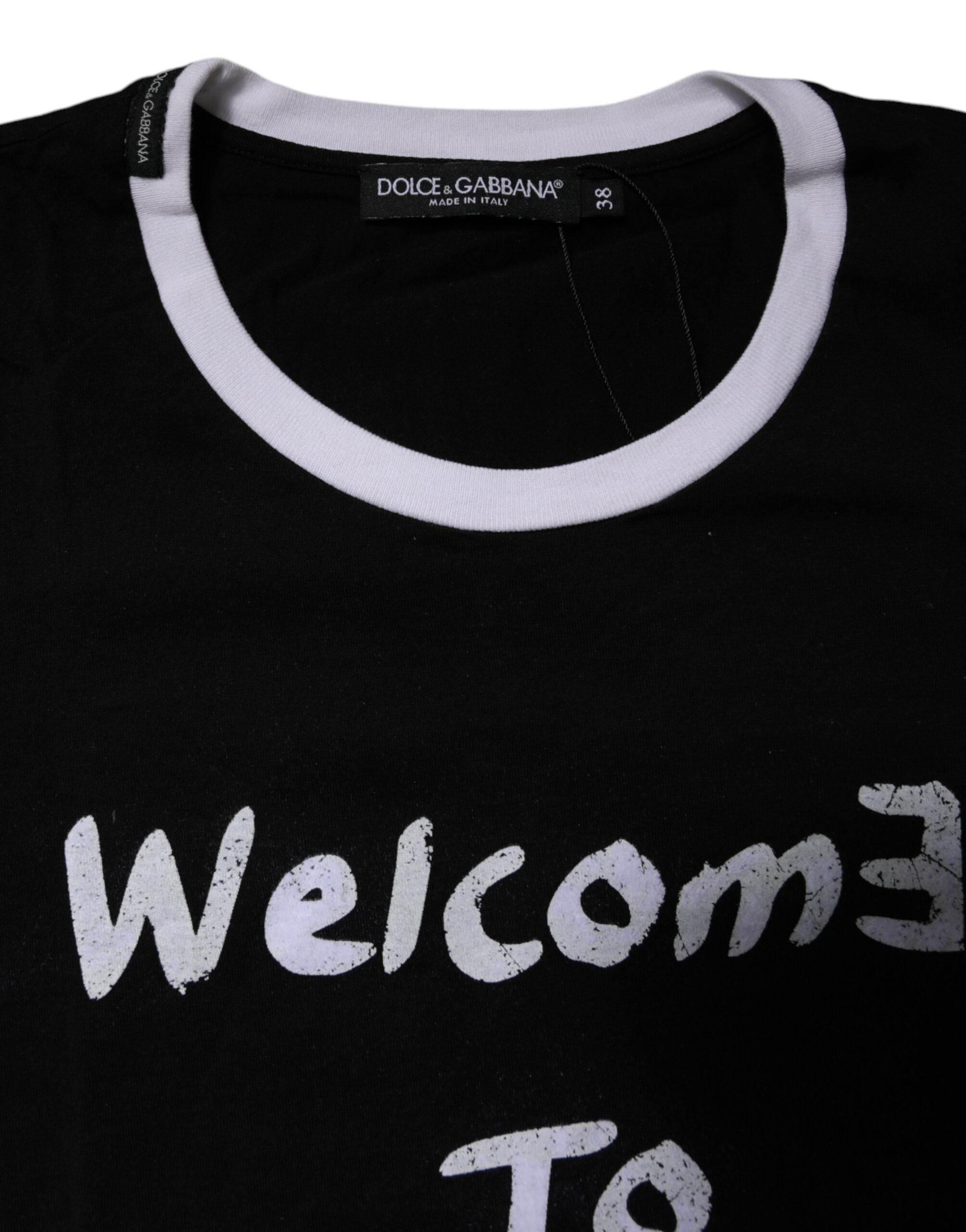 Dolce & Gabbana Black Printed Round Neck Top Cotton T-shirt - Hilstor