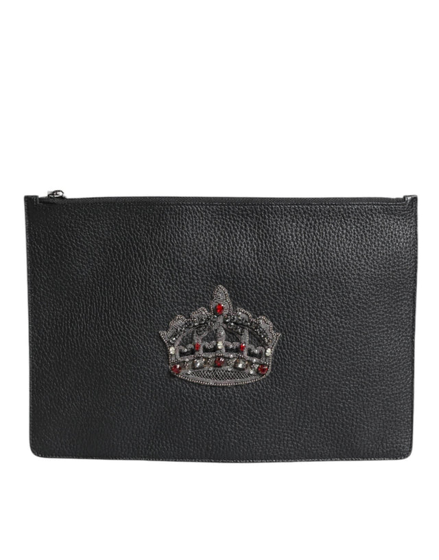 Dolce & Gabbana Black Calfskin Crown Embellished Clutch Pouch Bag - Hilstor