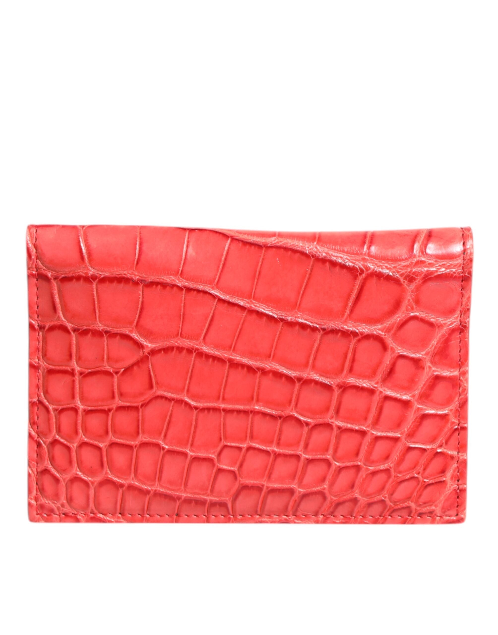 Dolce & Gabbana Red Exotic Leather Logo Plaque Card Holder Wallet