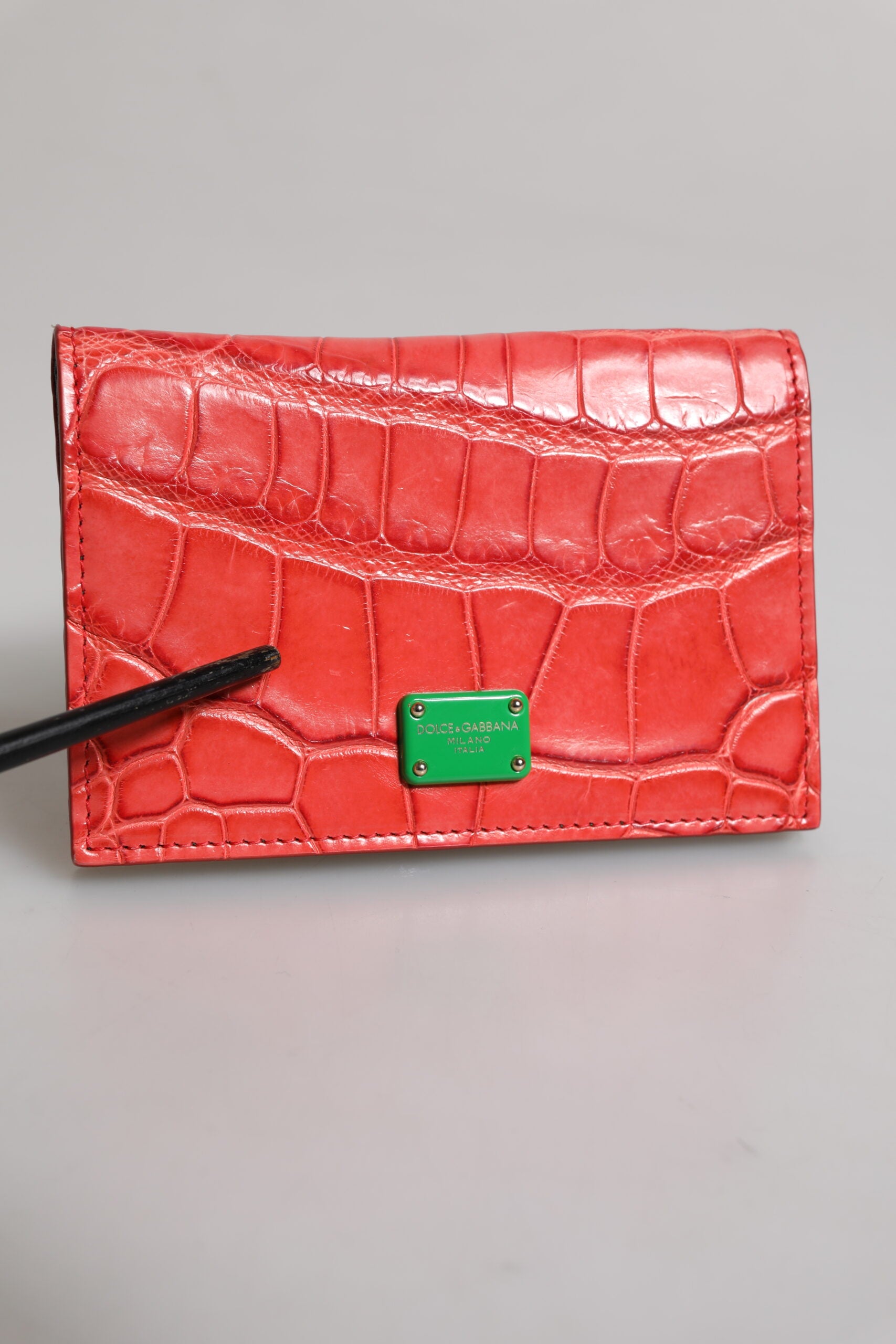 Dolce & Gabbana Red Exotic Leather Logo Plaque Card Holder Wallet