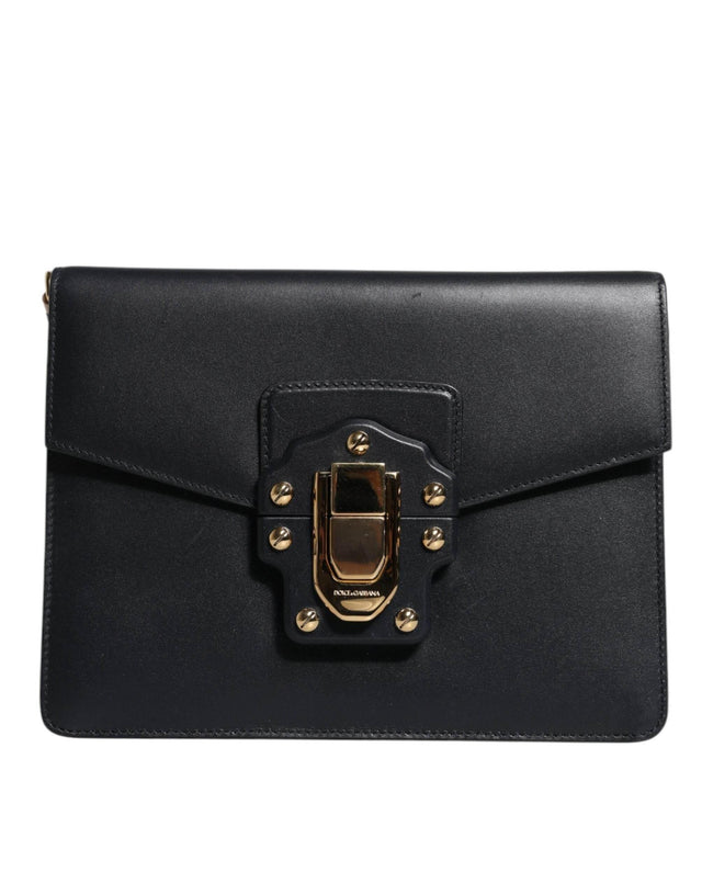Dolce & Gabbana Black Leather Logo Gold Crossbody Purse Bag - Hilstor